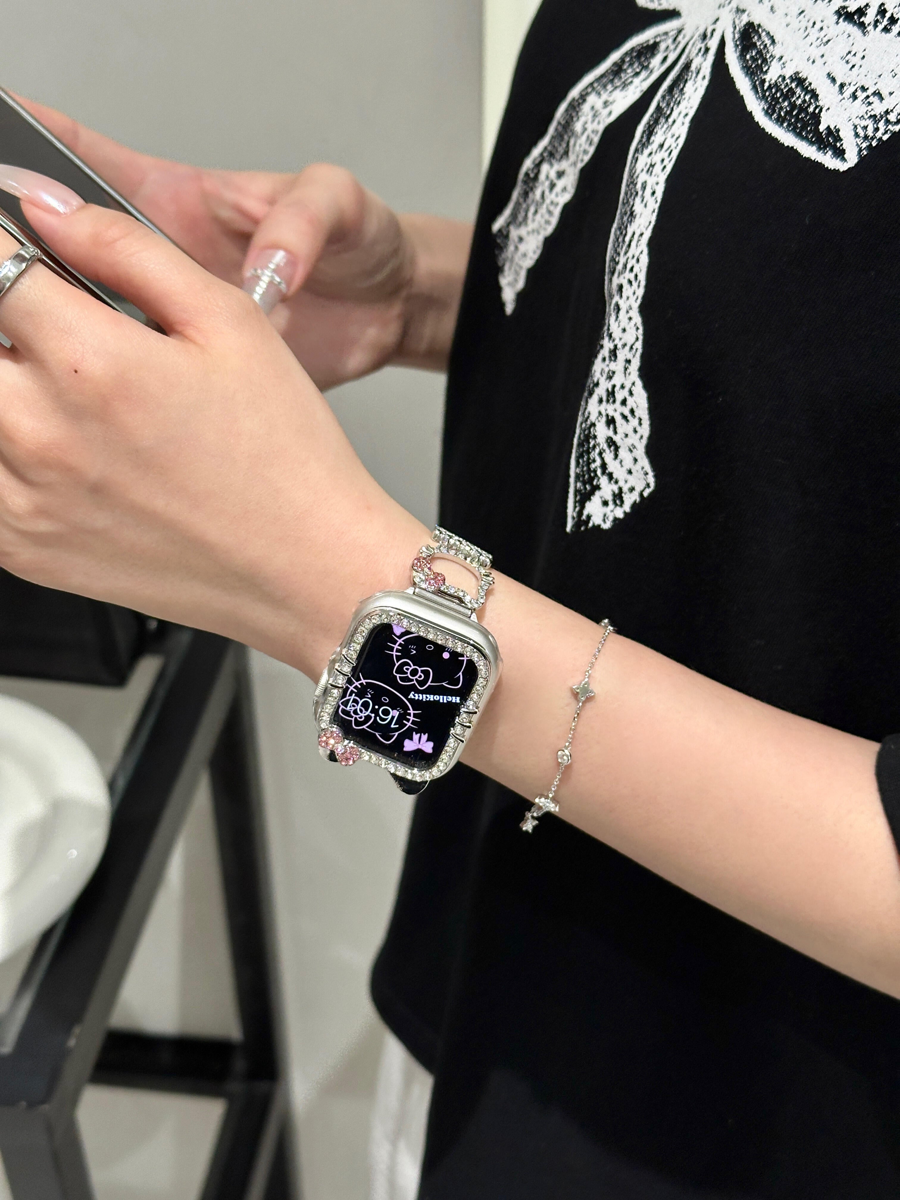 Hellokitty Apple Watch Band Bling Diamond Strap Bands with Screen Protector Case