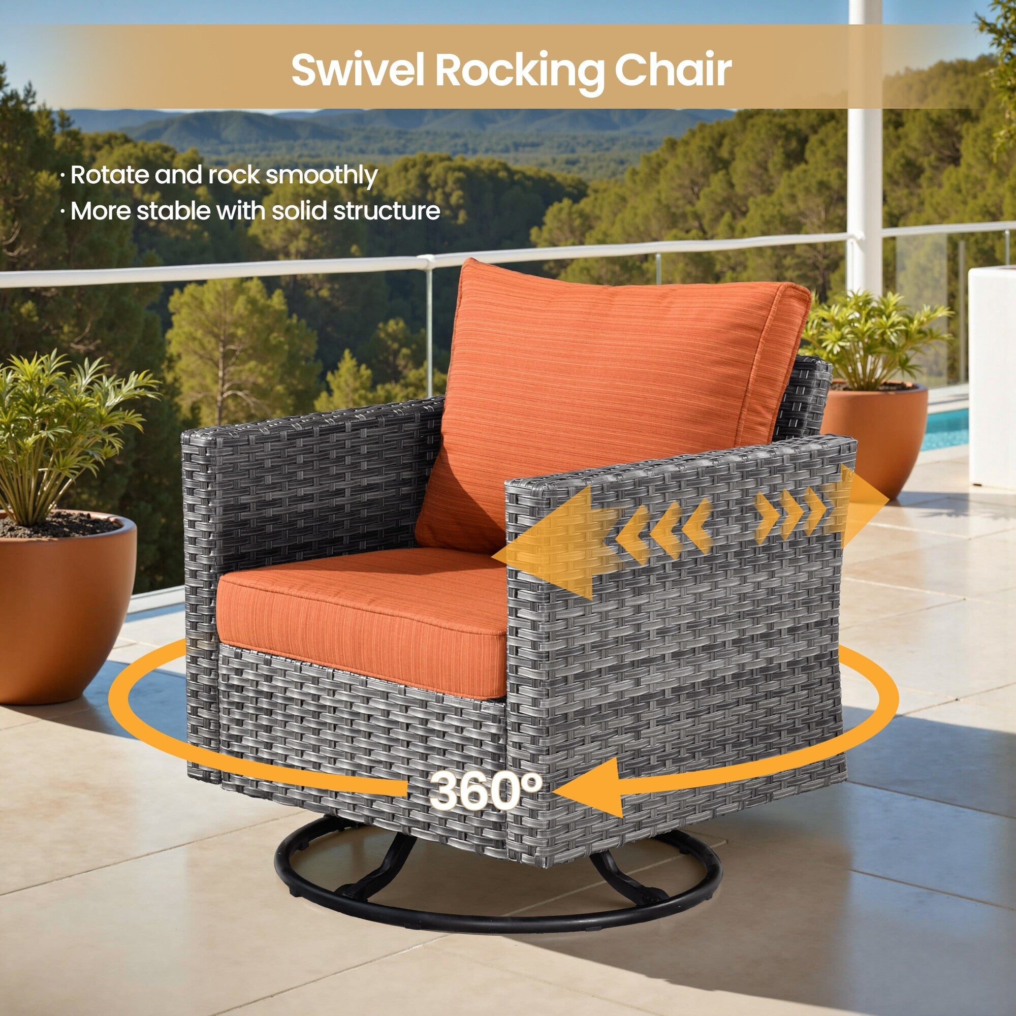 XIZZI 9 Pieces Patio Wicker Furniture Swivel Rocker with Firepit Table
