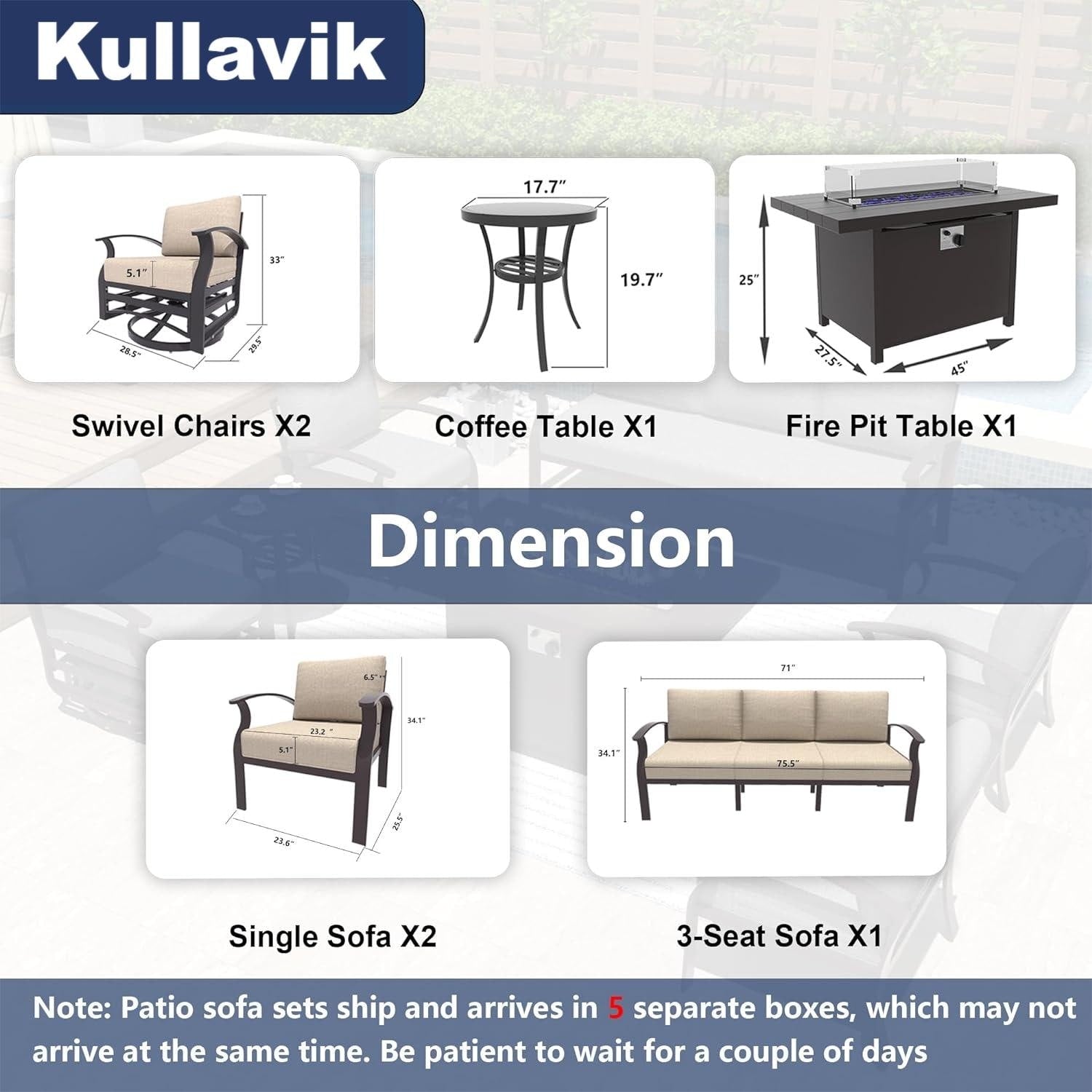 Kullavik Aluminum Outdoor Patio Furniture with Curved Armrests & Firepit Table