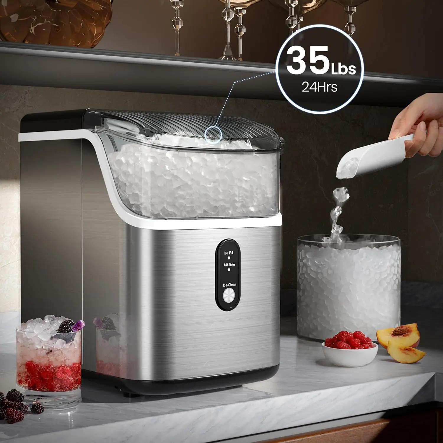 Countertop Nugget Ice Maker Machine,Portable Self‑Cleaning Ice Machine,35Lbs/24H,7‑Mins Fast Ice Making for Home Kitchen Office