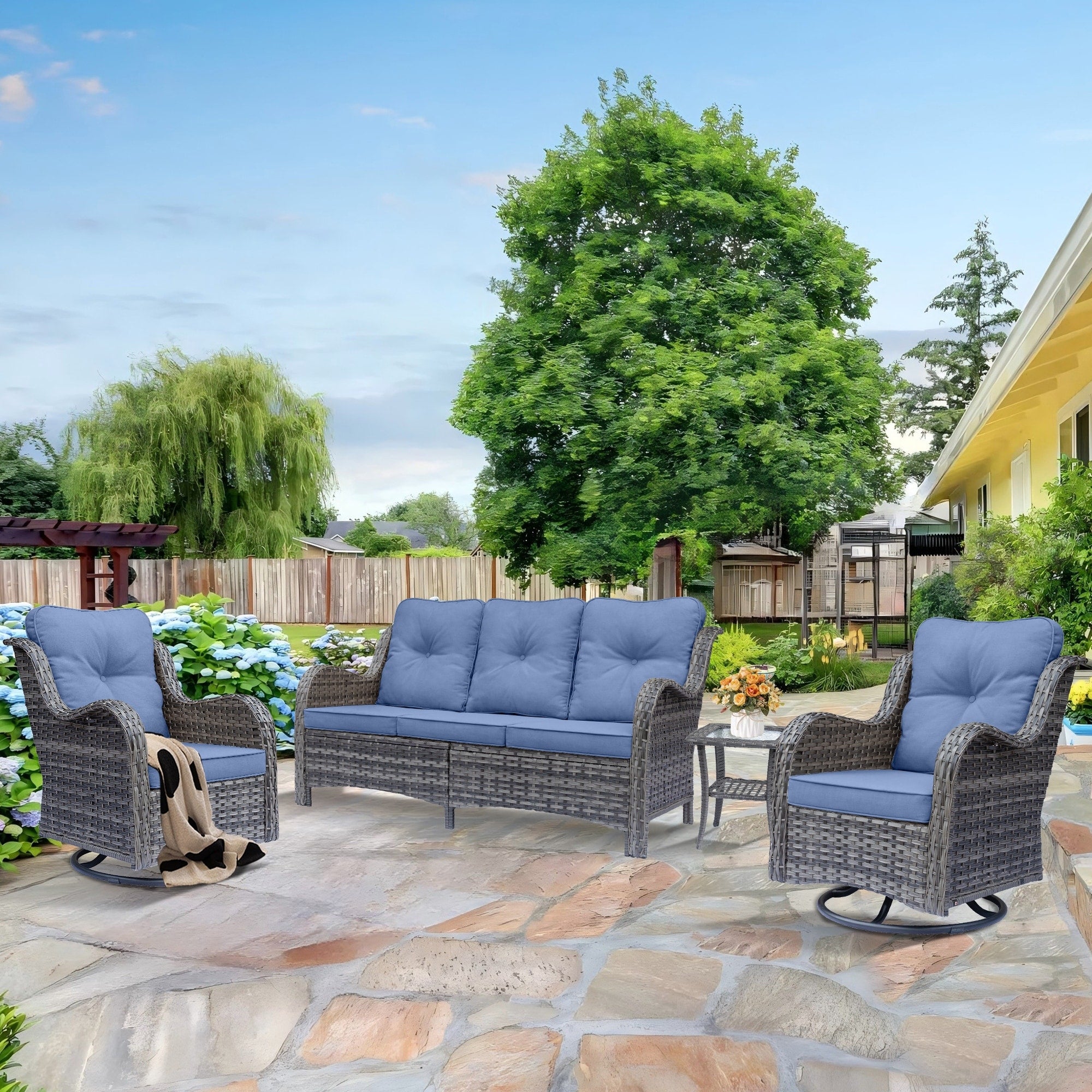 Outdoor Patio Furniture Set-Wicker Patio Conversation Swivel Chair Set