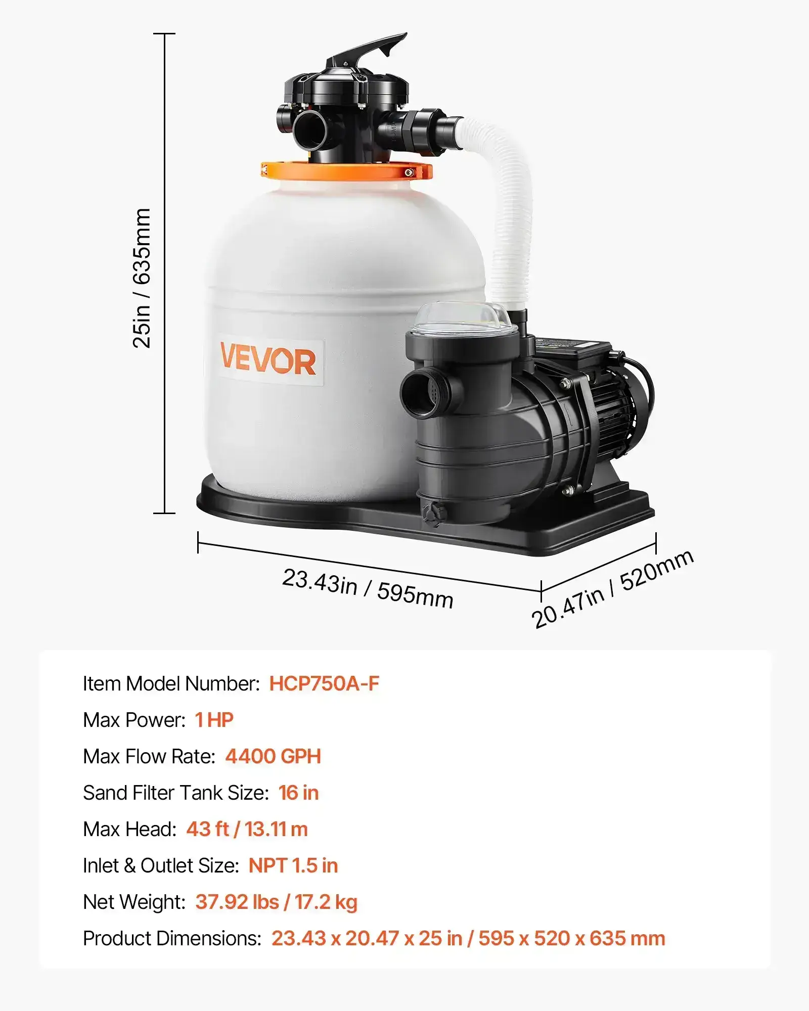 Sand Filter Pump, 16 in for Above Ground Pool, 1 HP 4400 GPH, Swimming Pool Filter System with Timer, 6X Faster Filtration with Media Installed, Leak-Resistant, Ready to Use Out of Box, Pool Accessories, Swimming P