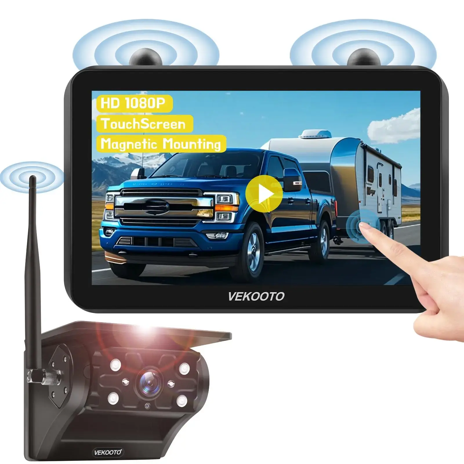 7'' IPS Touchscreen Solar Wireless Backup Camera Kit, HD1080P Magnetic Rechargeable Rear View Camera, No Wiring IP69 Waterproof IR Night Vision Monitor for RV Truck Trailer Camper Car Blind Spot