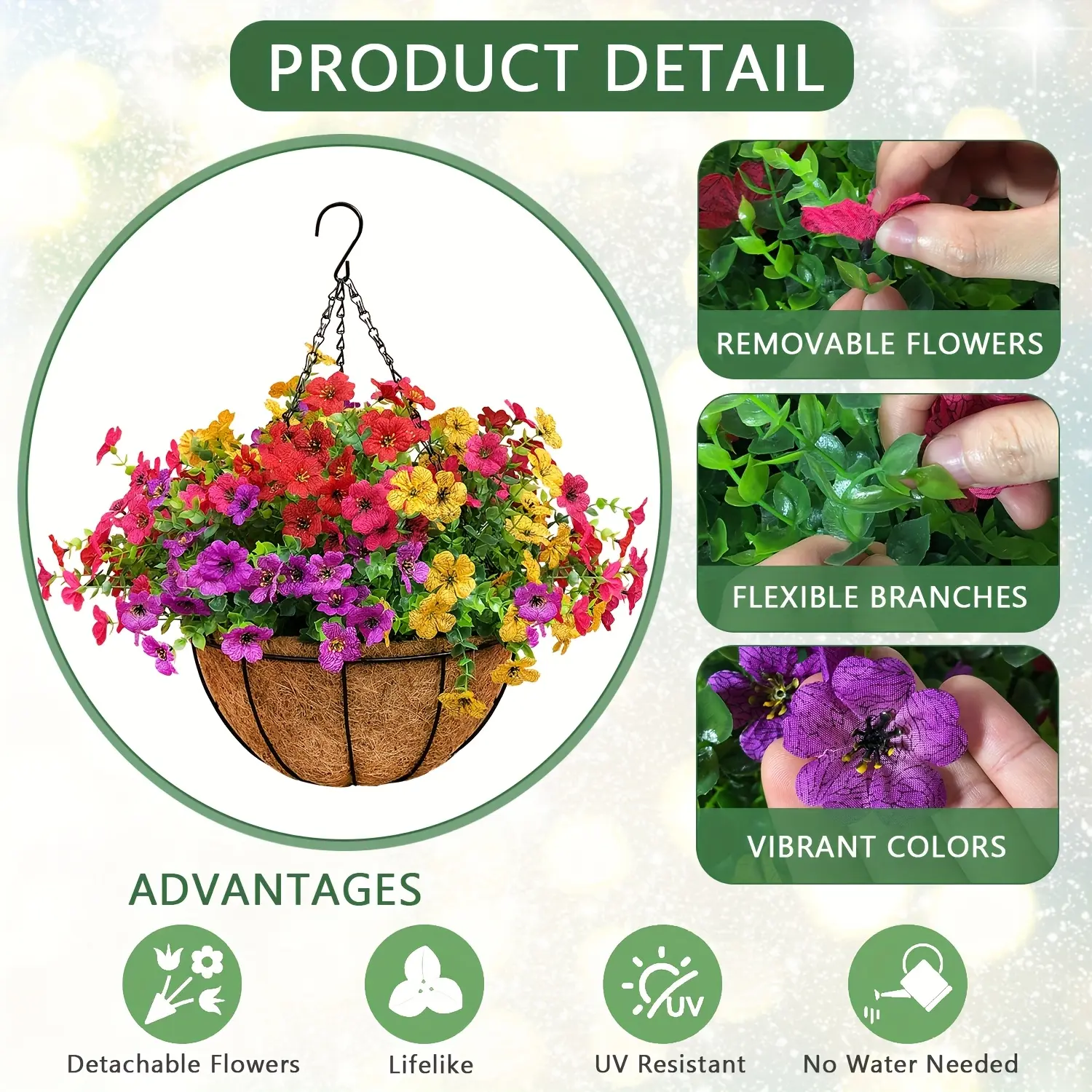 2 Pcs Set UV-Safe Outdoor Decorative Hanging Flower Baskets, 24 Daisies + Eucalyptus Realistic Flowers for House Decor, Balcony Garden Use