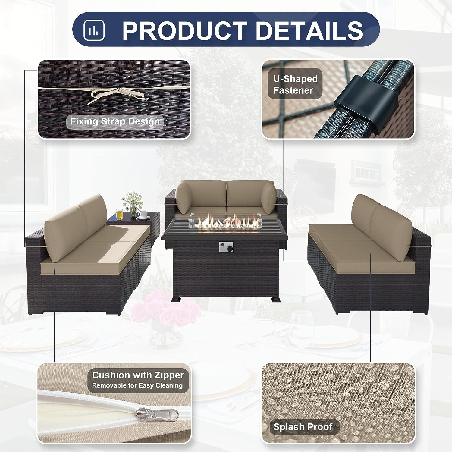 Patio Furniture Sectional Sofa Set, PE Rattan Swivel Rocking Chairs Patio Conversation Set