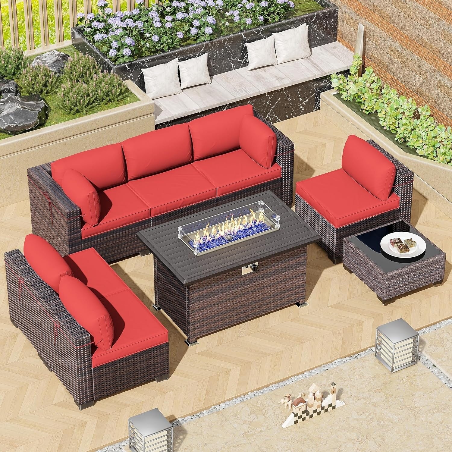 Outdoor Rattan Sectional Sofa Set, Patio Furniture Conversation Set with Fire Pit Table