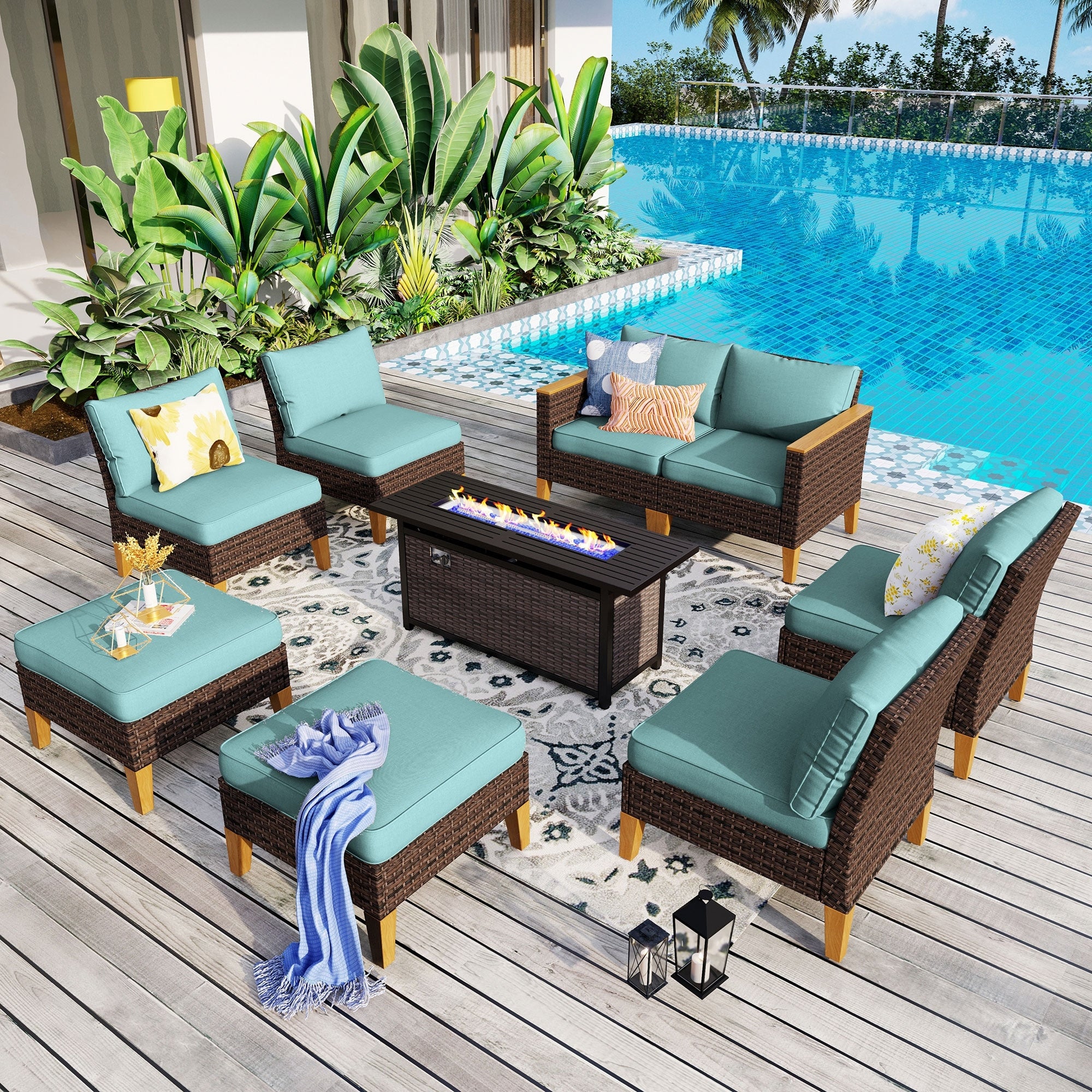 8-Piece Patio Outdoor Wicker Sectional Sofa Set, Large Seating Furniture Conversation Sets with Fire Pit Table