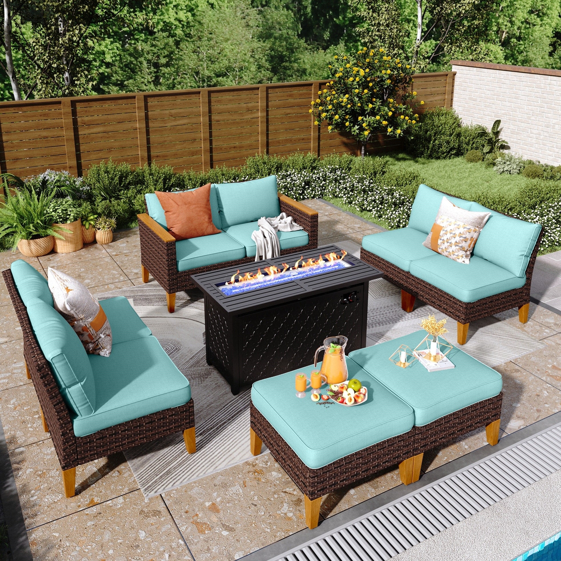 8-Piece Patio Outdoor Wicker Sectional Sofa Set, Large Seating Furniture Conversation Sets with Fire Pit Table