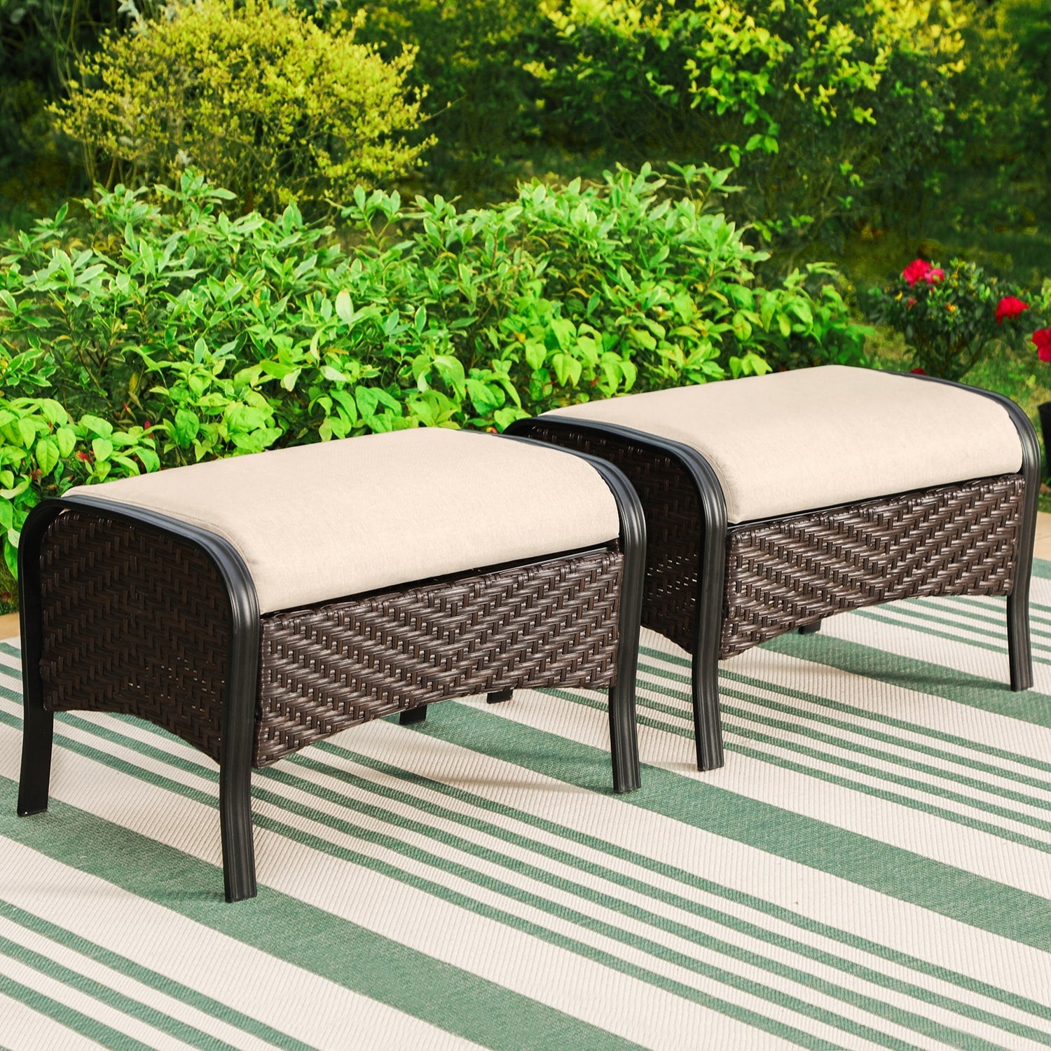 MAISON ARTS Oversized 6-Piece Outdoor Patio Set with Fire Pit - 3-Seater Sofa, 2-Seater Sofa, Swivel Chairs, Ottomans (Beige)