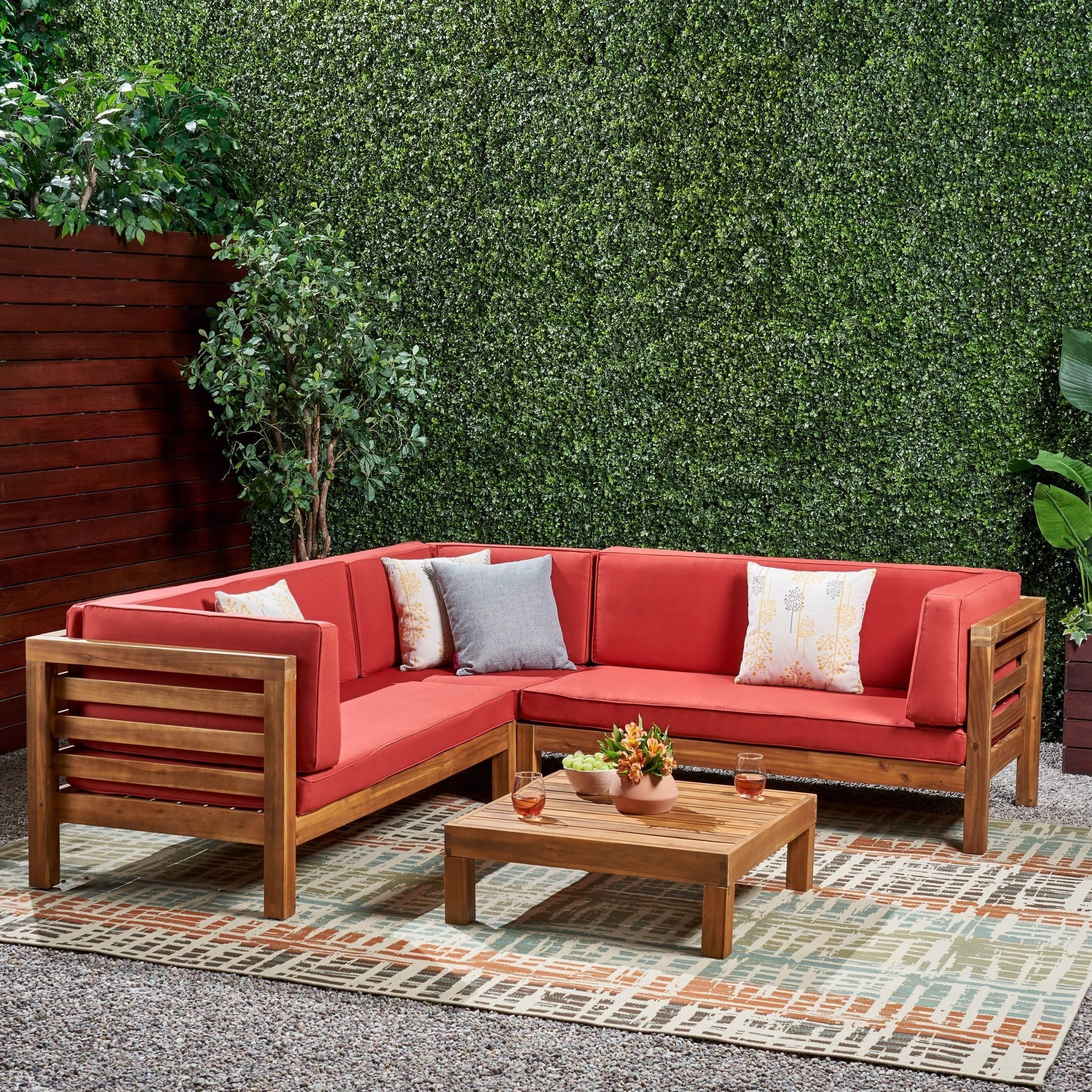 Oana Outdoor 5 Seater V Shaped Mid-Century Modern Acacia Wood Sectional Sofa Set with Coffee Table by Christopher Knight Home