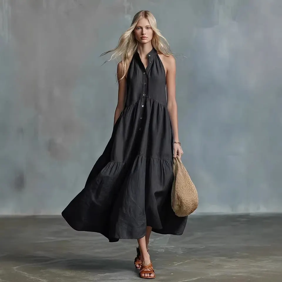 Sleeveless Casual Loose Linen Button Vest Dress