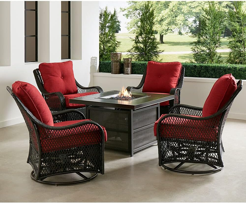 Orleans 5-Piece Steel Patio Fire Pit Conversation Set with Navy Blue Cushions, Swivel Gliders and Square Fire Pit Table
