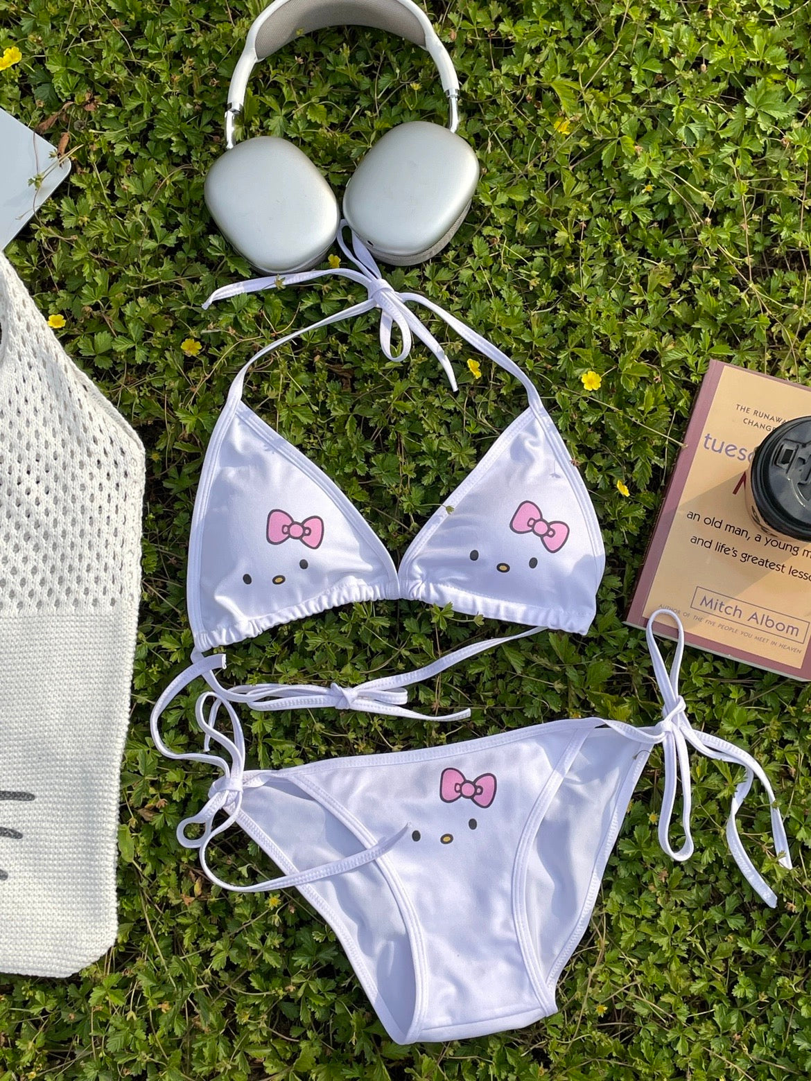 Hellokitty Halter Tie Side Triangle Bikini Set