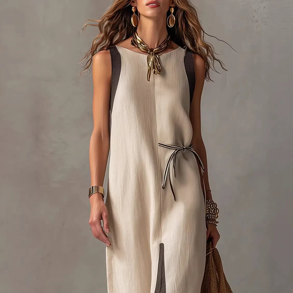 Bohemian Style Linen Contrast Color Sleeveless Lace-Up Long Dress