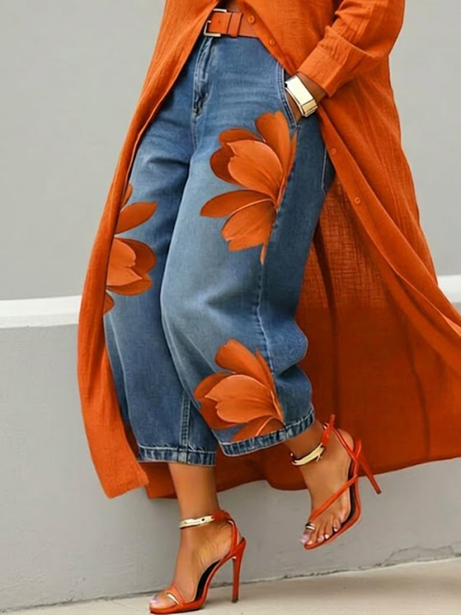 👖Women's Artistic Red Blossom Wide Leg Jeans