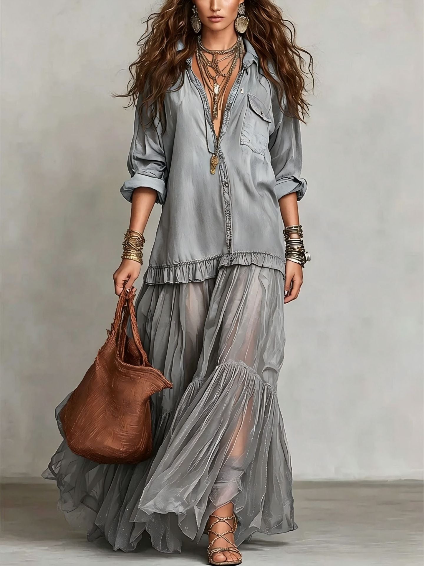 Women's Retro Lapel Denim Organza Patchwork Art Casual Maxi Dress