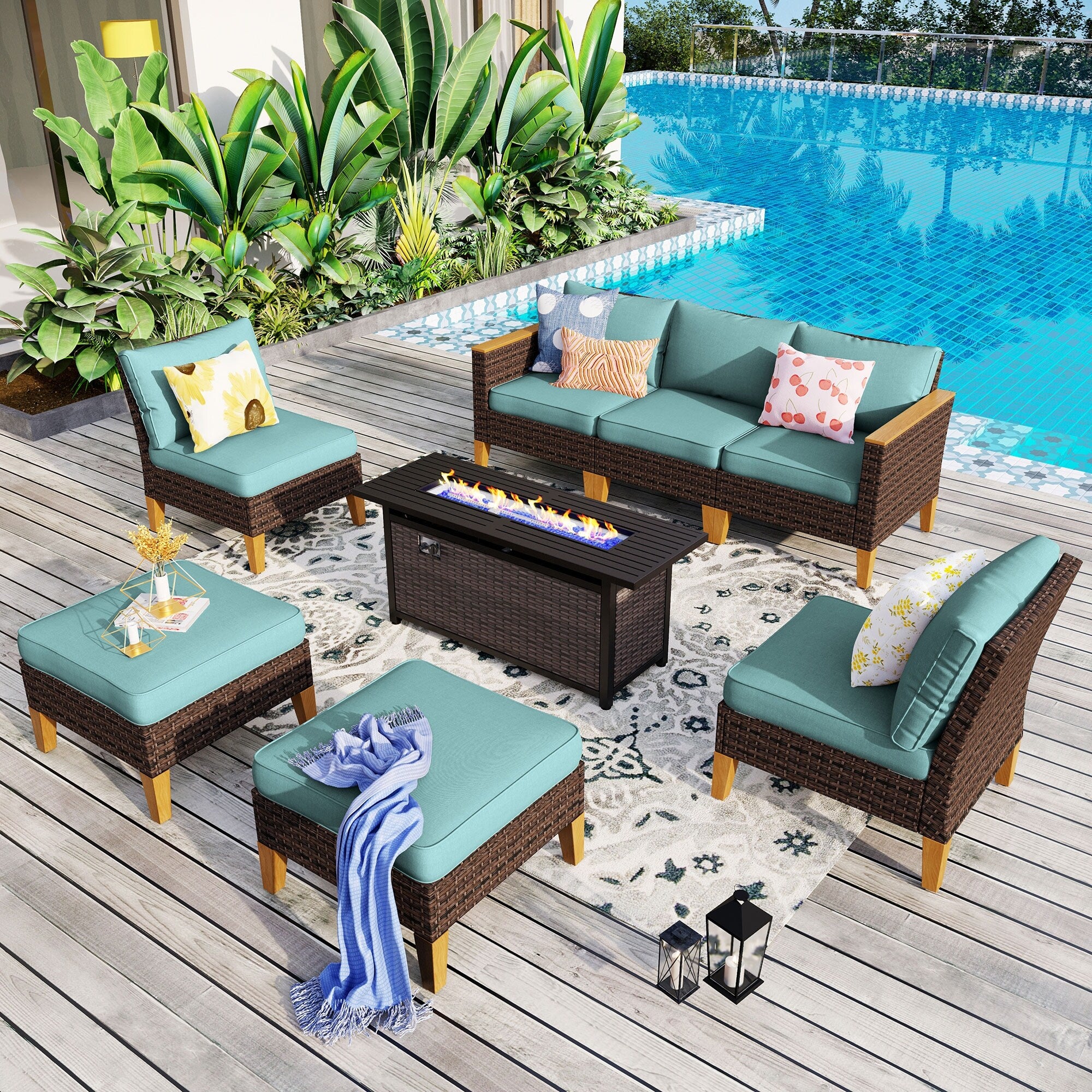 8-Piece Patio Outdoor Wicker Sectional Sofa Set, Large Seating Furniture Conversation Sets with Fire Pit Table