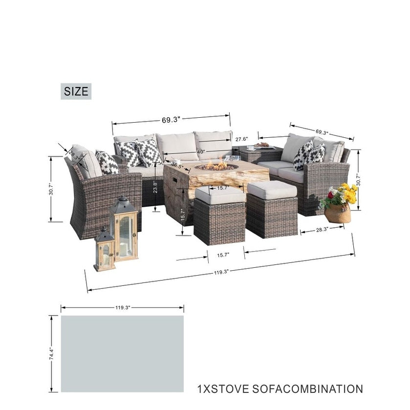 7-piece Patio Wicker Garden Chat Sofa Set with Fire Pit Table and Storage Box