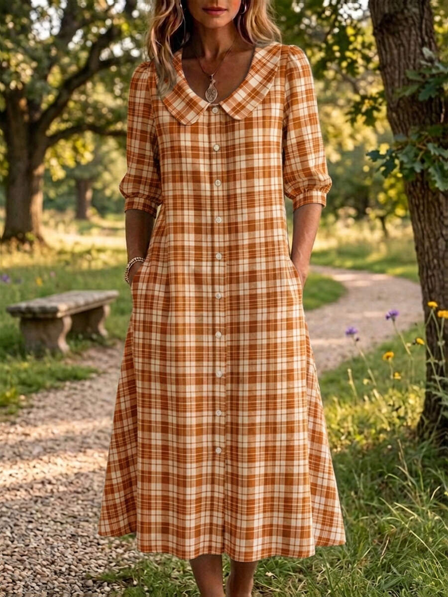 Clearance Sale🔥 Women's Retro Peter Pan Collar Stripe Print Cotton Linen Dress