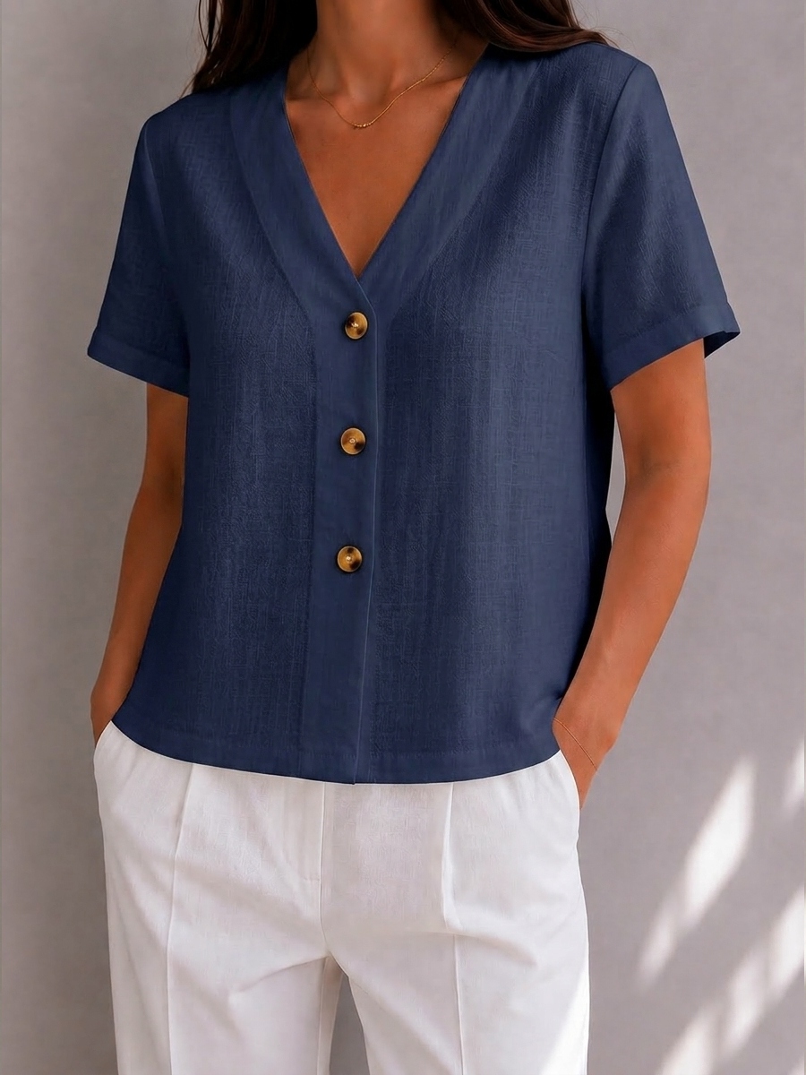 Button Detail V-Neck Linen Blend Blouse