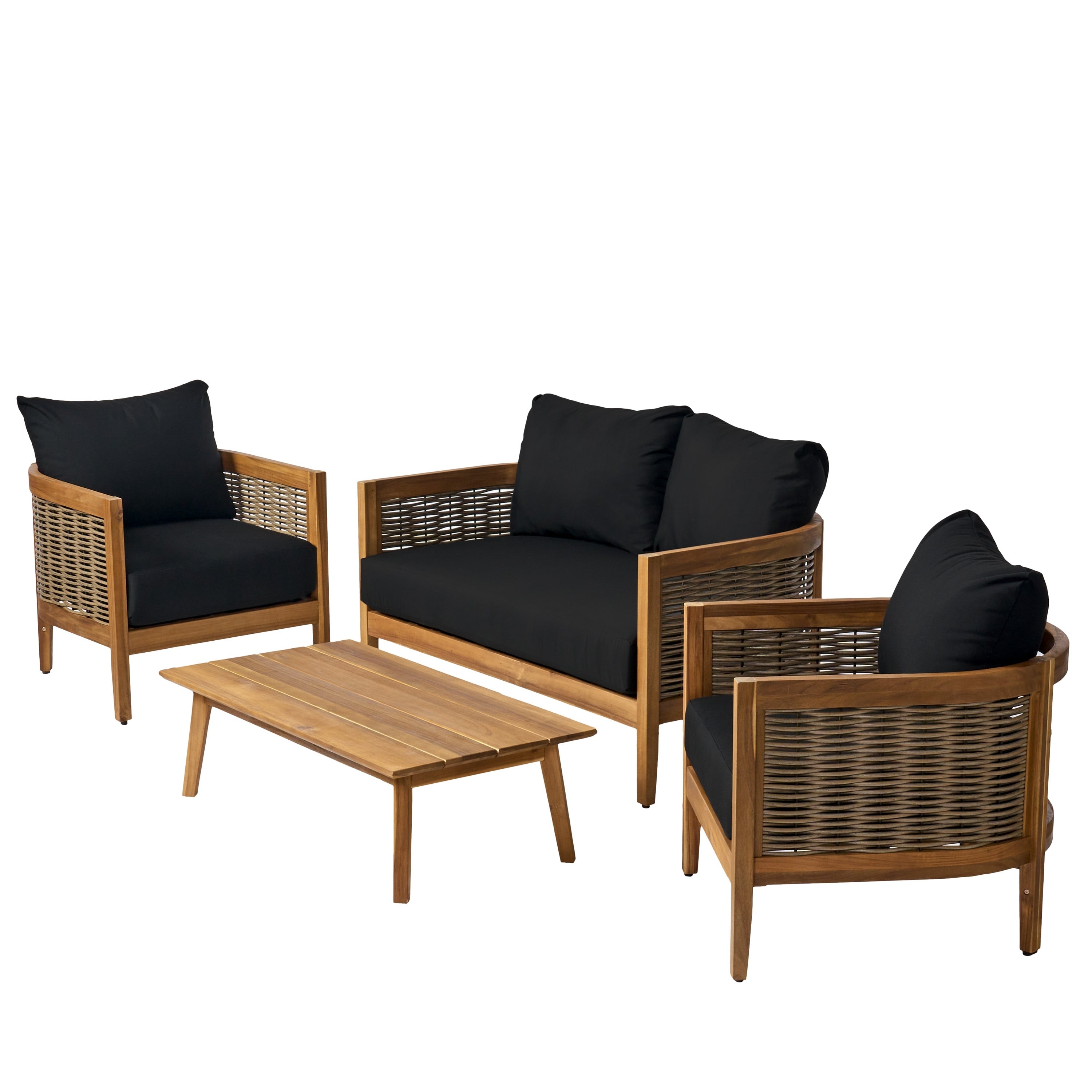 Burchett Outdoor Acacia Wood and Wicker 4 Seater Chat Set with Optional Sunbrella Cushions by Christopher Knight Home
