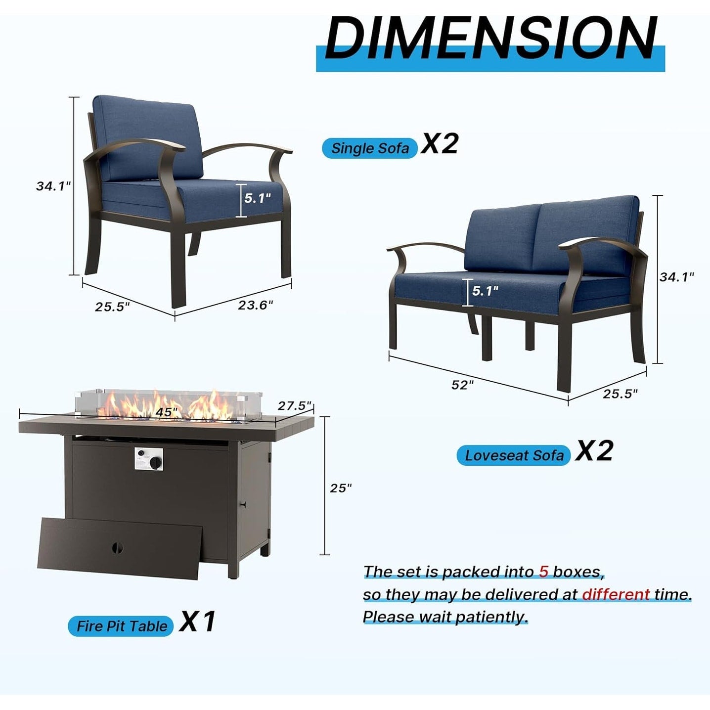 Kullavik Aluminum Outdoor Patio Furniture with Curved Armrests & Firepit Table