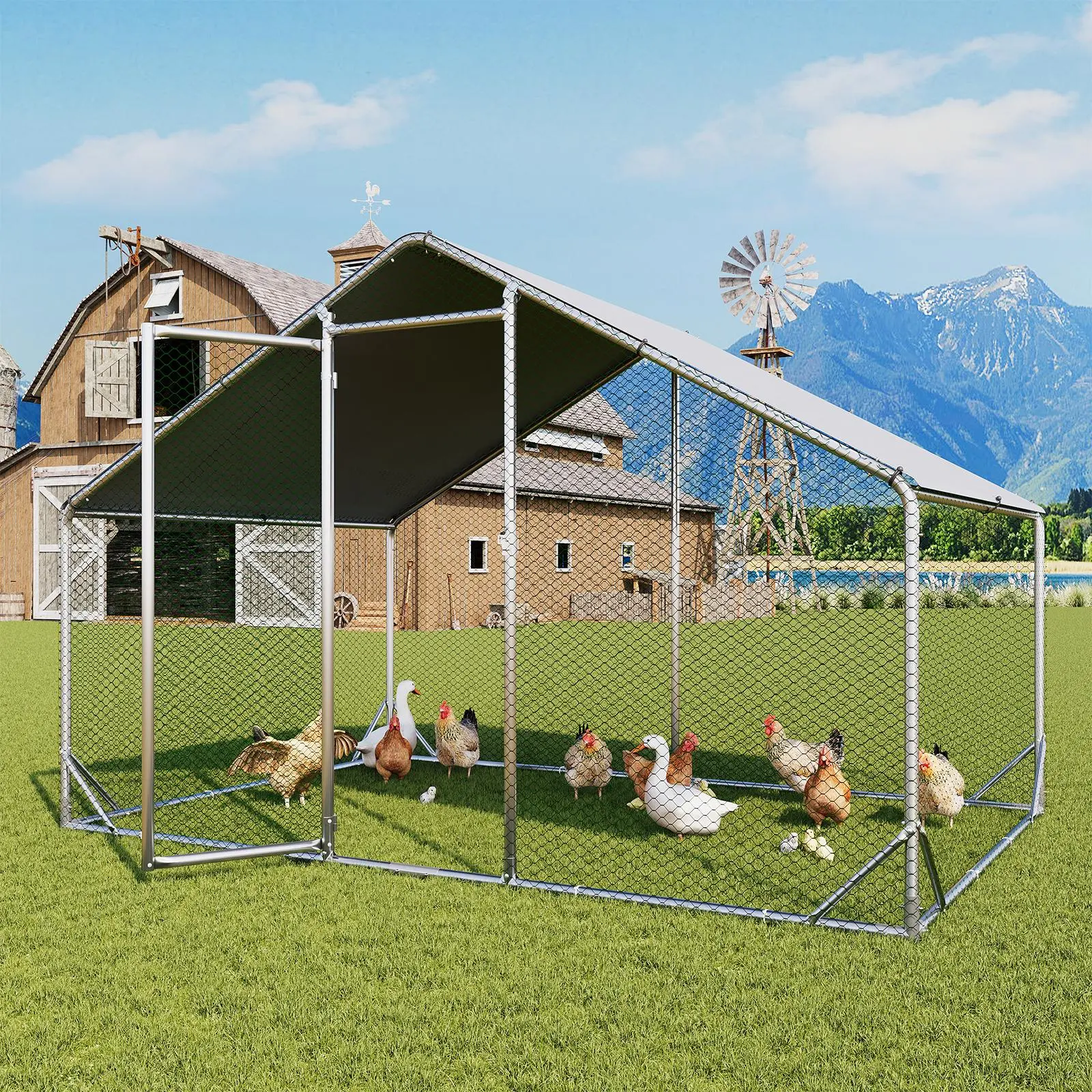 Chicken Coop Metal Large Cover Wire，spire Peak Roof Security Lock Waterproof Outdoor Poultry Enclosure for Yard & Farm Metal Poultry Coop Chicken Cage Enclosed Enclosed Poultry Hutch