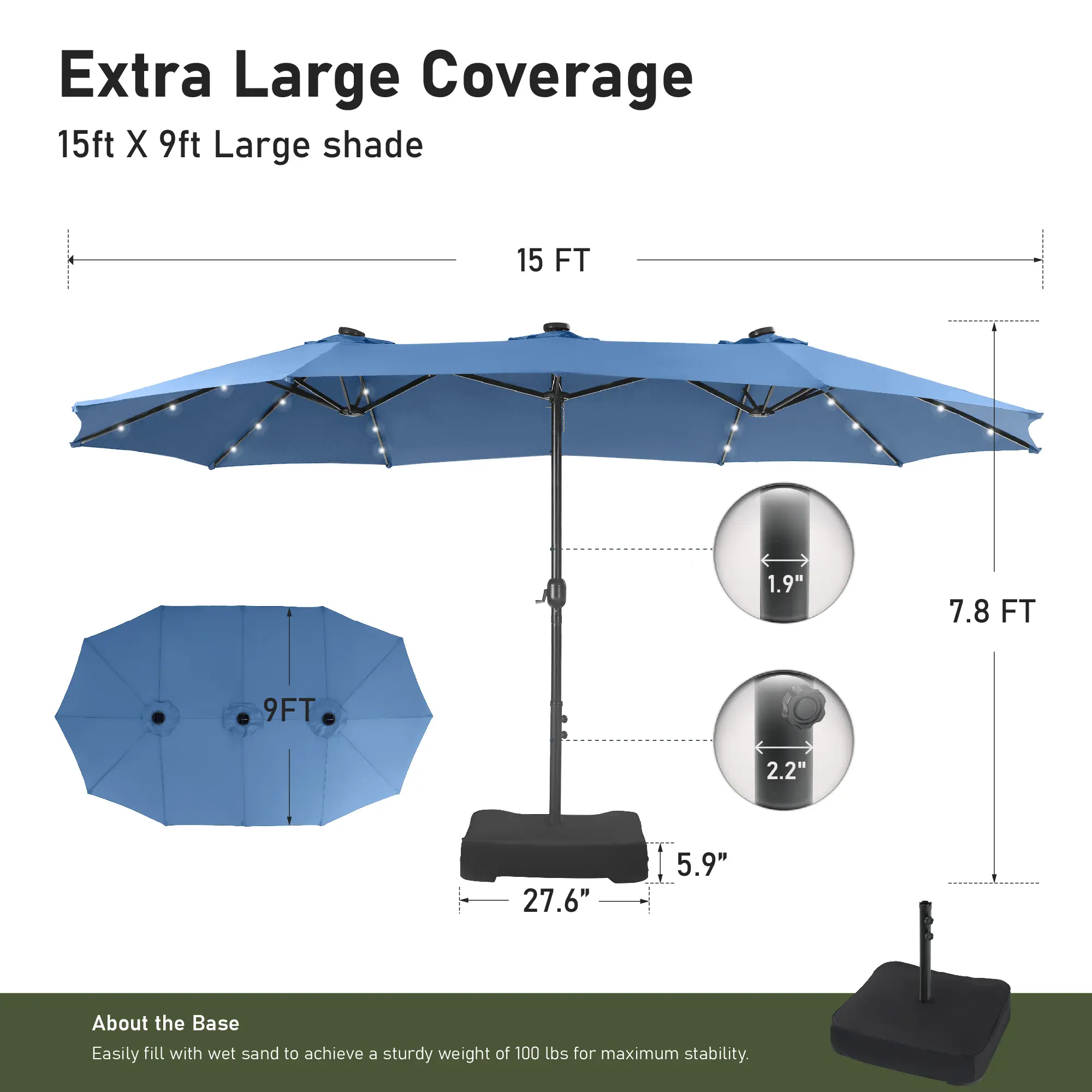 15ft Large Outdoor Patio Umbrella with Base – LED Light Option, Double-Sided, Crank Handle, Waterproof，Comes with Weighted Base and Sandbag, Accommodates 10 People, Great for Poolside, Garden, Lawn, Backyard, Deck and Beach
