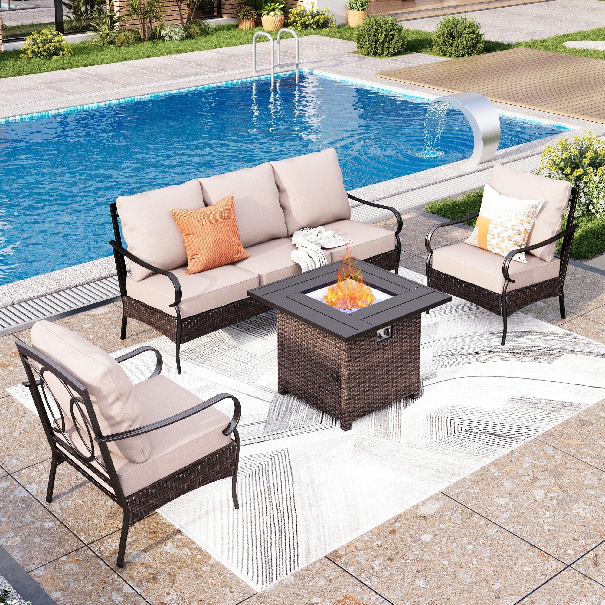 MAISON ARTS Oversized 6-Piece Outdoor Patio Set with Fire Pit - 3-Seater Sofa, 2-Seater Sofa, Swivel Chairs, Ottomans (Beige)