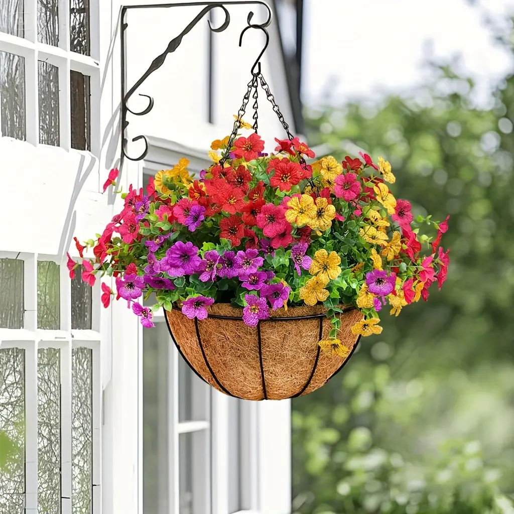2 Pcs Set UV-Safe Outdoor Decorative Hanging Flower Baskets, 24 Daisies + Eucalyptus Realistic Flowers for House Decor, Balcony Garden Use