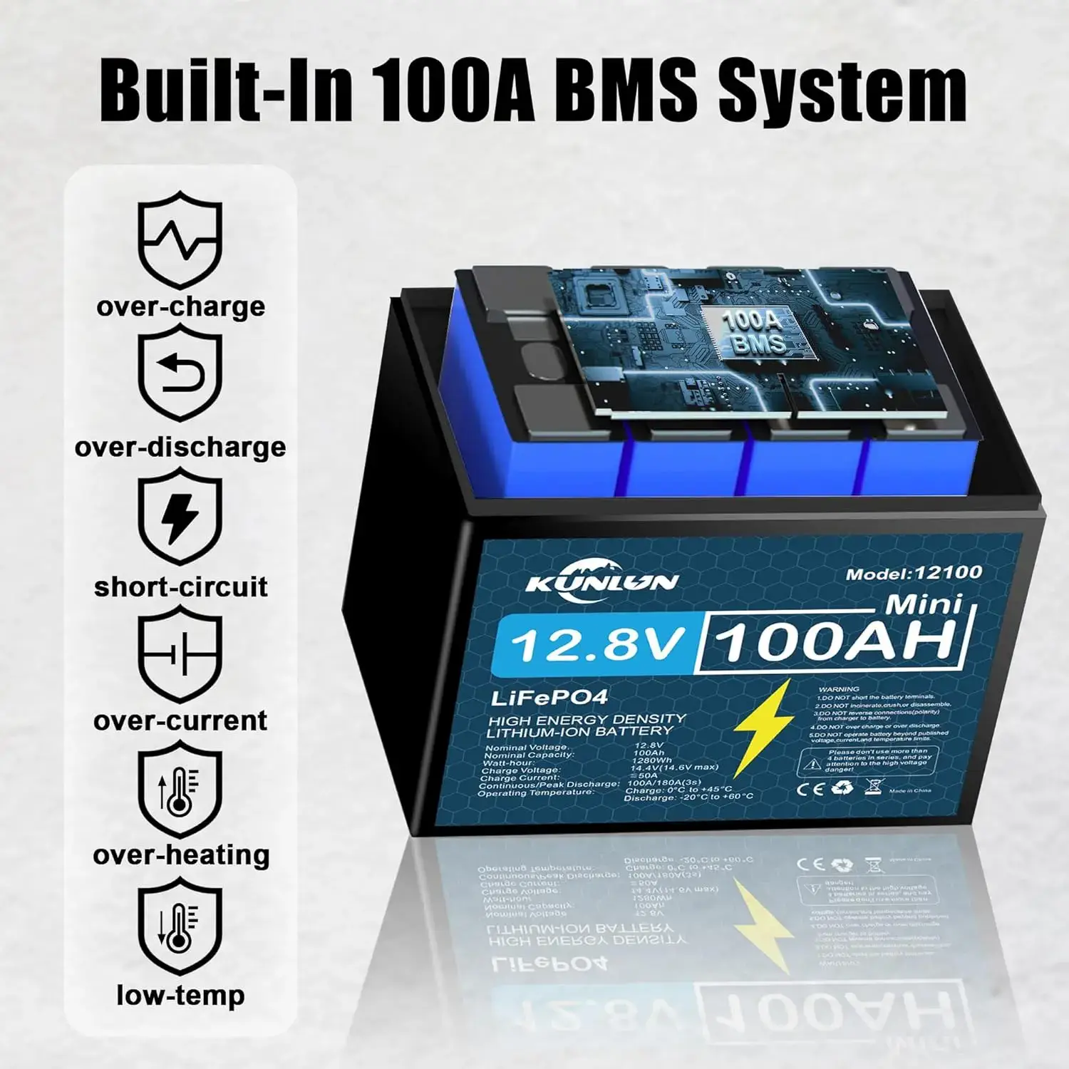 12V 100Ah LiFePO4 Battery, Smart BMS 5000+ Cycles Maintenance-Free