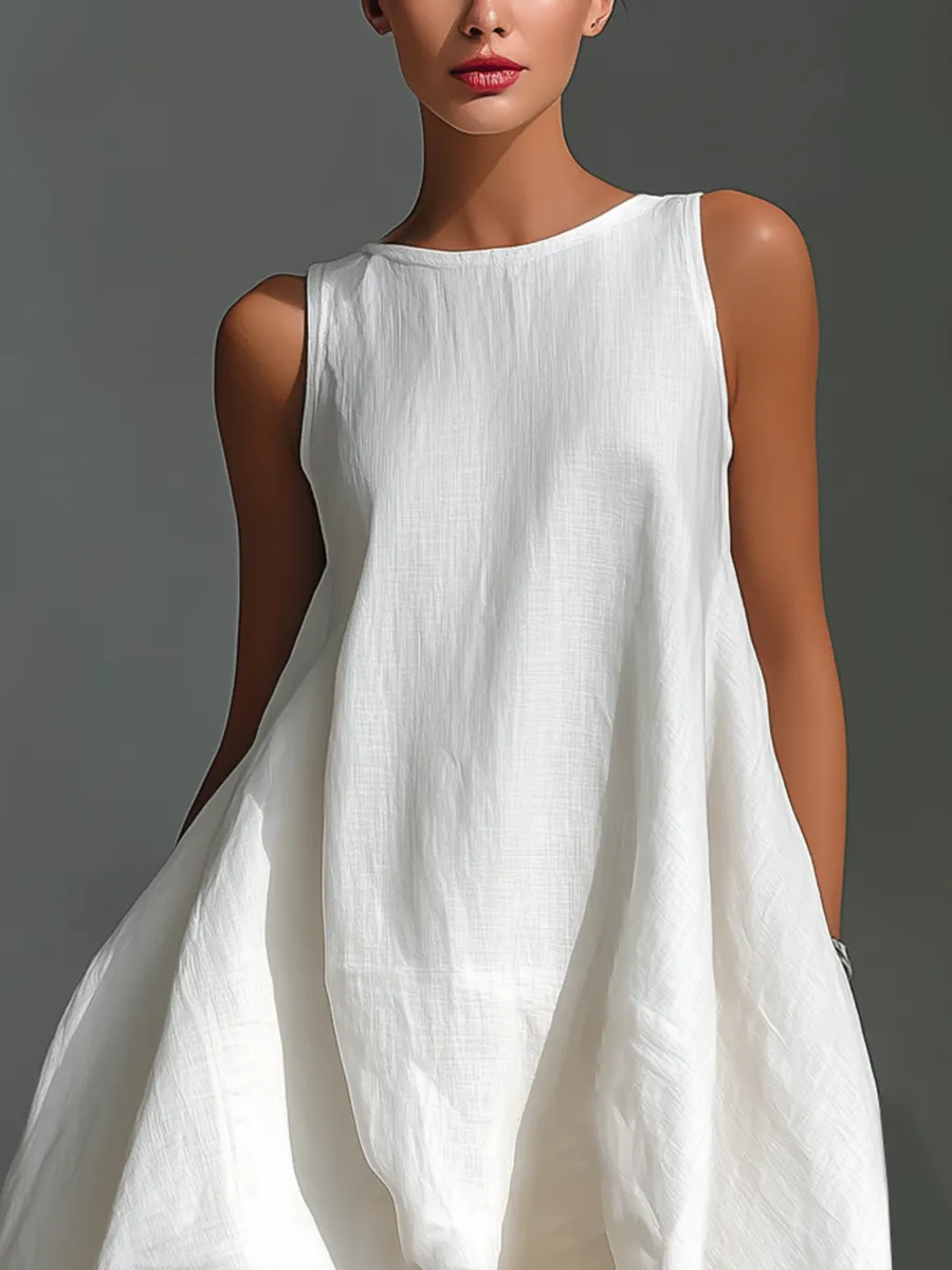 Women's White Linen Fabric Sleeveless Midi Dress With Round Neck