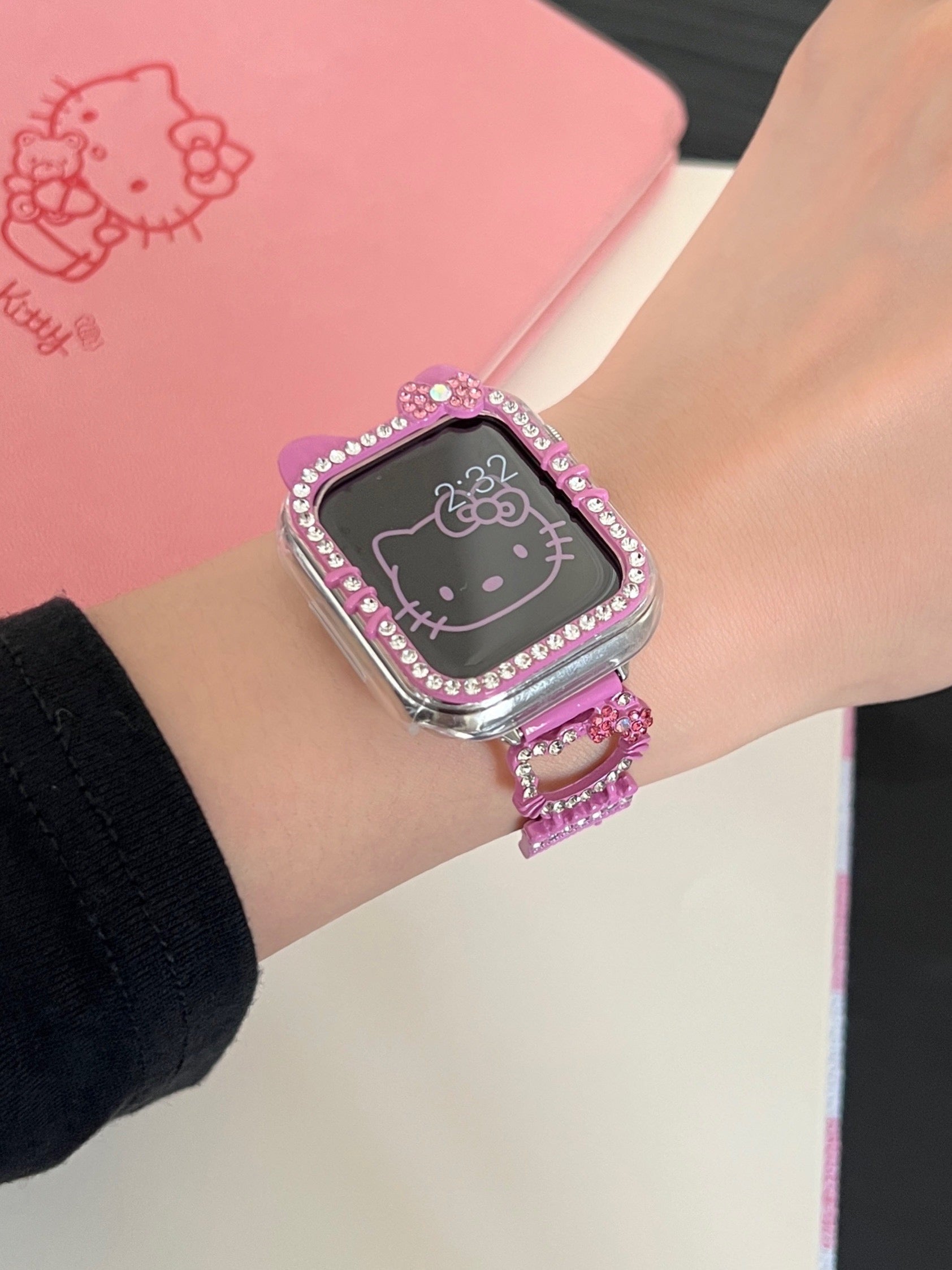 Hellokitty Apple Watch Band Bling Diamond Strap Bands with Screen Protector Case