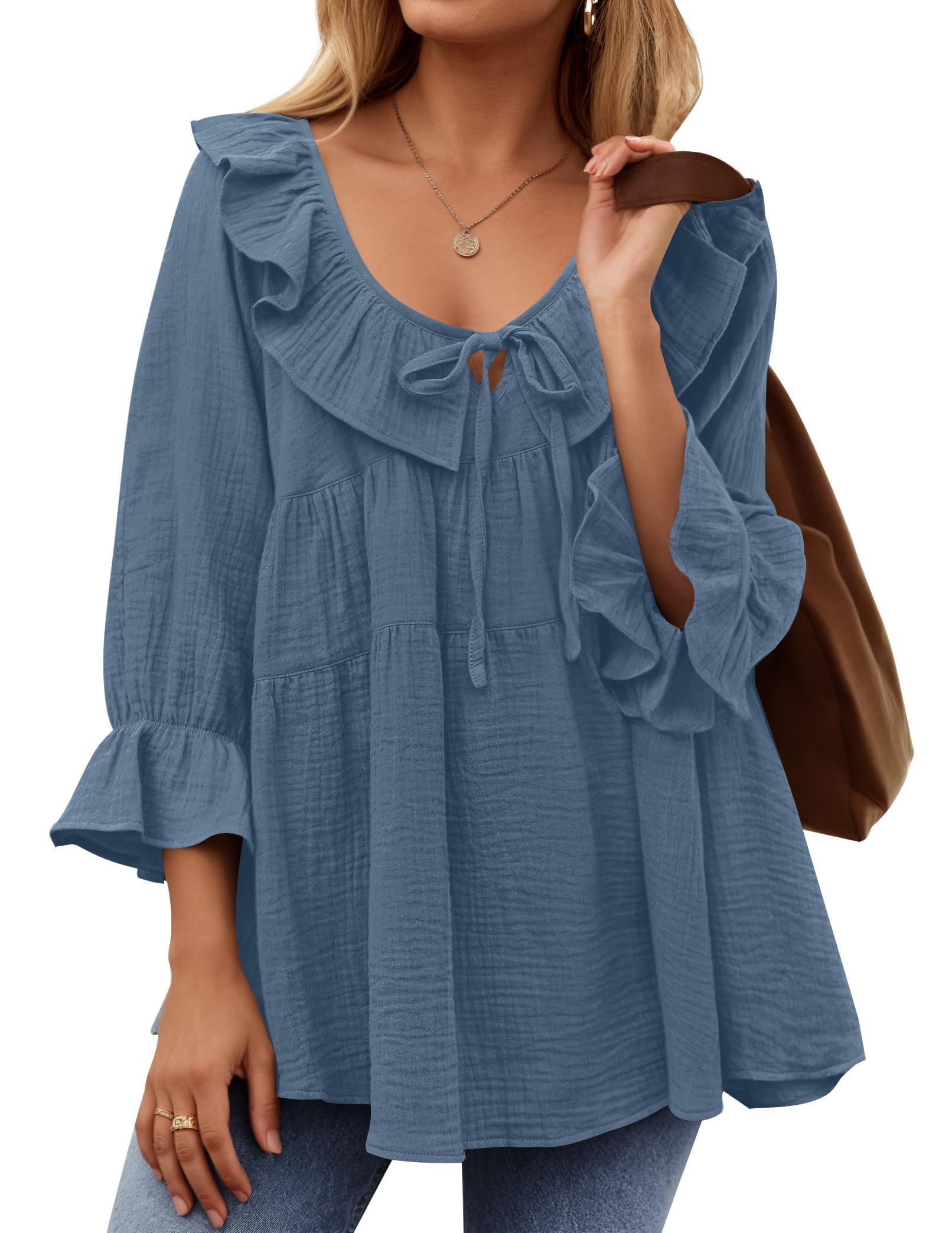 Women’s Scoop Neck 3/4 Length Sleeve Tie Front Ruffle Tiered Tunic Shirts