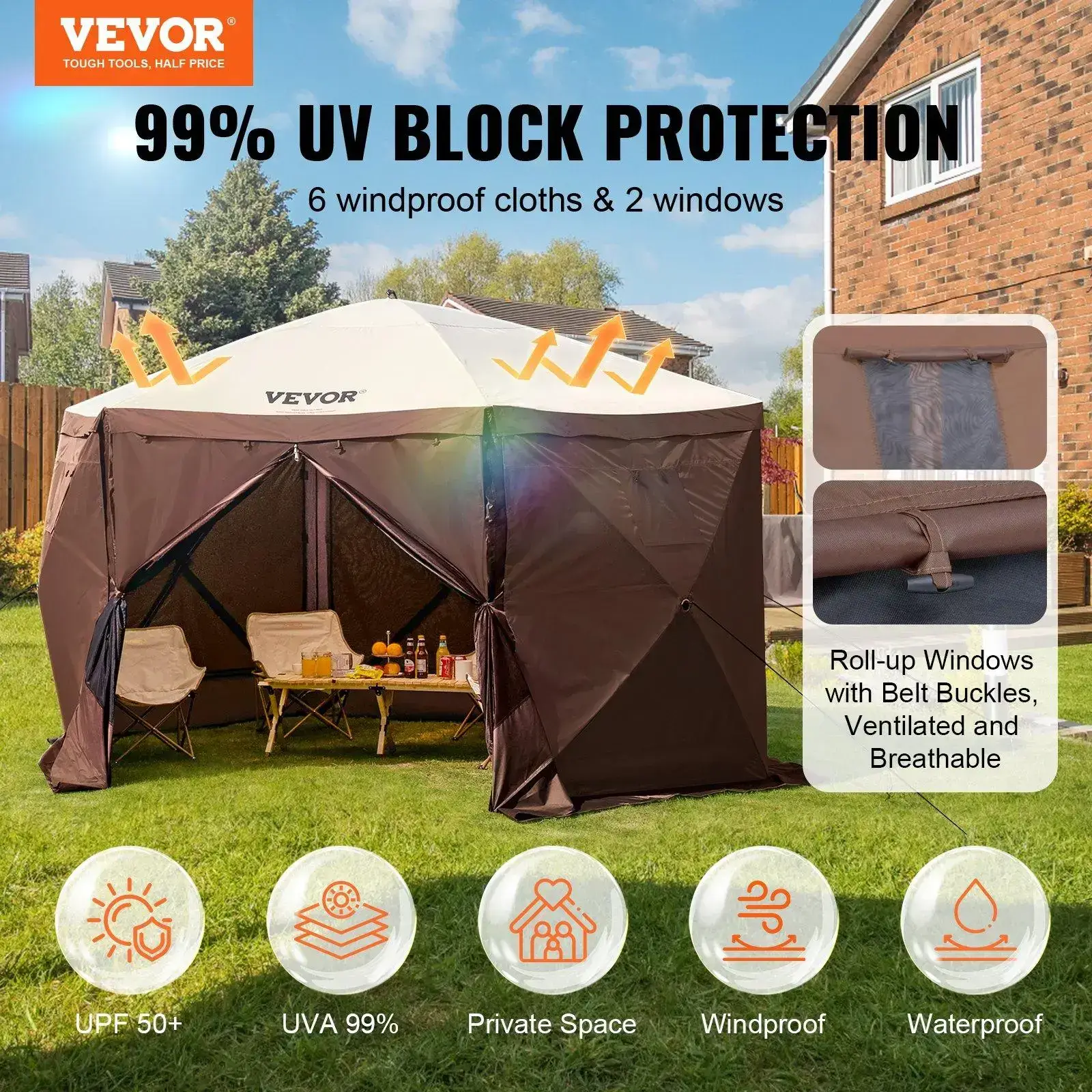 Camping Gazebo Screen Tent, 12*12ft, 6 Sided Pop-up Canopy Shelter Tent with Mesh Windows, Portable Carry Bag, Stakes, Large Shade Tents for Outdoor Camping, Lawn and Backyard, Brown/Beige