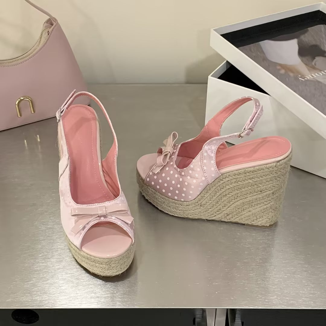 Polka Dot Back Adjustable Strap Straw Woven Classic Wedge Sandals Slingback Platform High Pumps Party Dress Casual Sandals 3 inches