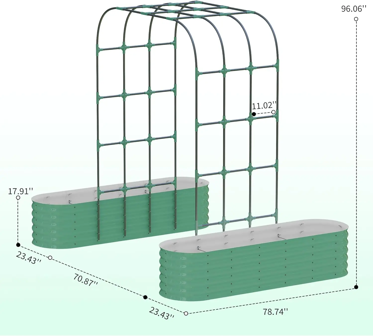 2Pcs Raised Garden Bed Set with Arch Trellis, 200x60x45cm Green Steel