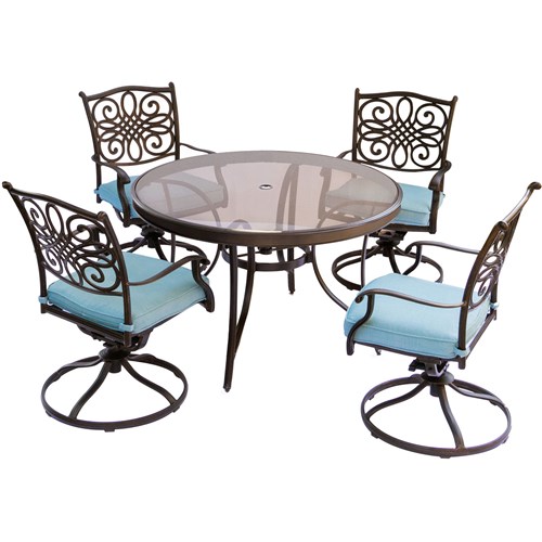 Traditions 5-Piece Aluminum Outdoor Dining Set with Swivel Chairs with Red Cushions and Glass-Top Table