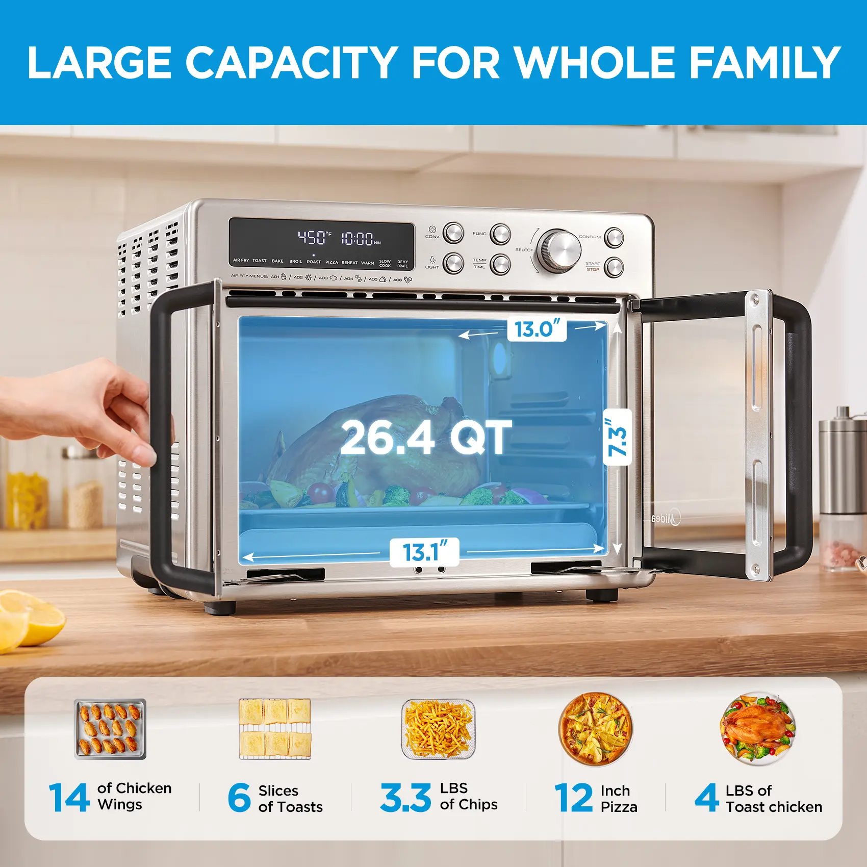 26.4 QT French Door Air Fryer Toaster Oven Combo, 10-in-1 Large Countertop Oven