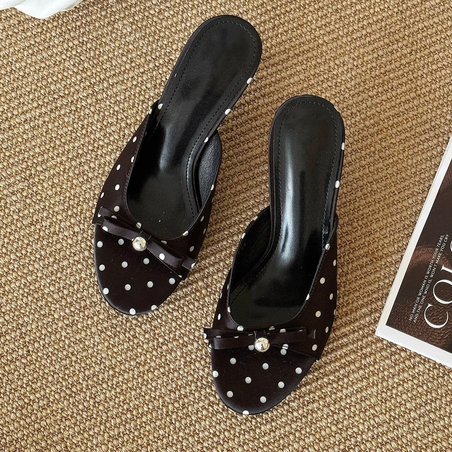 Girly Bow Polk Dot Kitten Heel Sandals Slip On Slides Mule Sandal Open Toe Dress Shoes