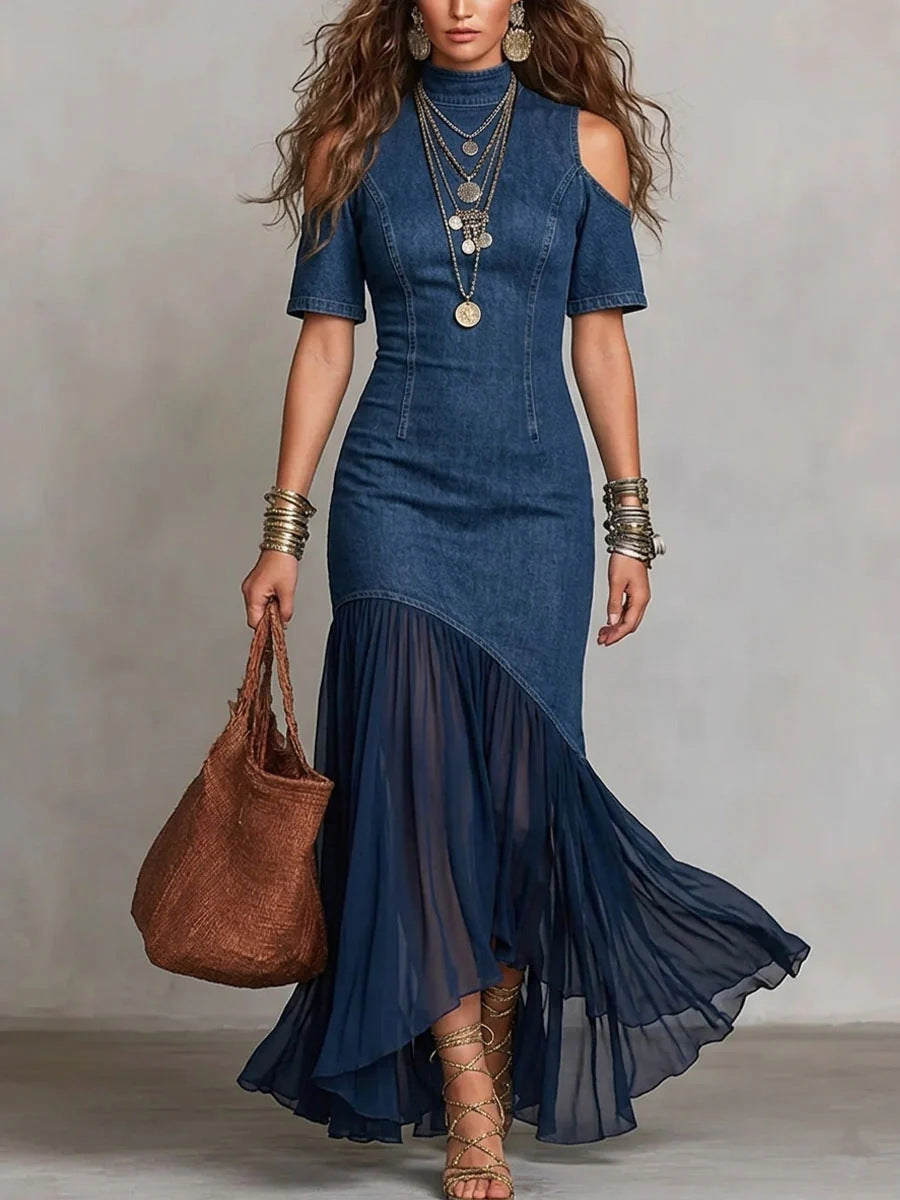 Off-Shoulder Mesh Hem Midi Dress – Slim Fit Short Sleeve Dress