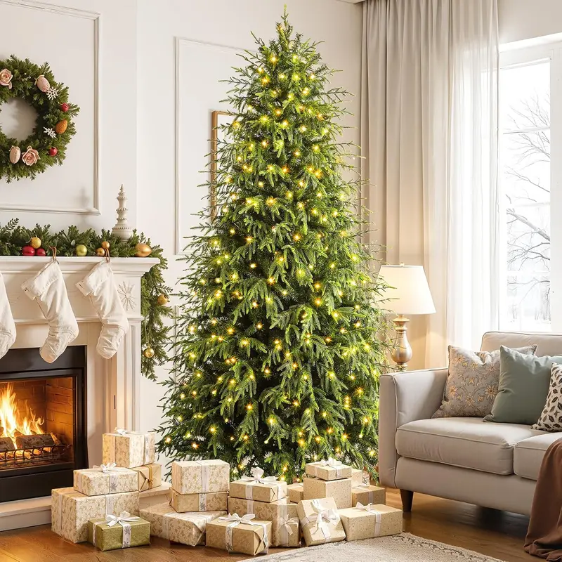 Pre-Lit Norfolk Pine Christmas Tree, 5/6/7.5/8FT Artificial Christmas Tree with Warm White & Multicolor LED Lights, Remote Control, Hinged PE & PVC Branches, Holiday Home Decor