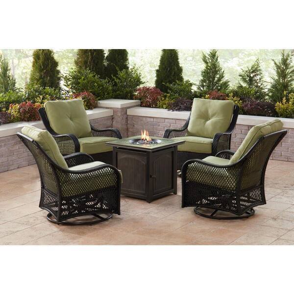 Orleans 5-Piece Fire Pit Chat Set with 4 Woven Swivel Gliders and 26 Inch Square Fire Pit Table, Autumn Berry
