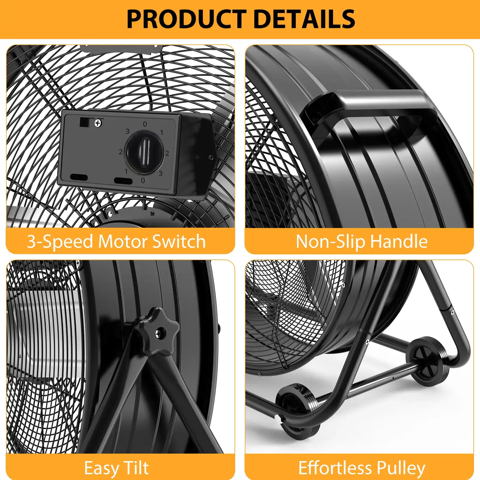 24 Inch High Speed Industrial Drum Floor Fan, heavy-duty full metal construction with 3 speeds and 360° tilt design. Built with portable handle and rolling casters for easy movement, powerful air circulation fan perfect for warehouse, garage