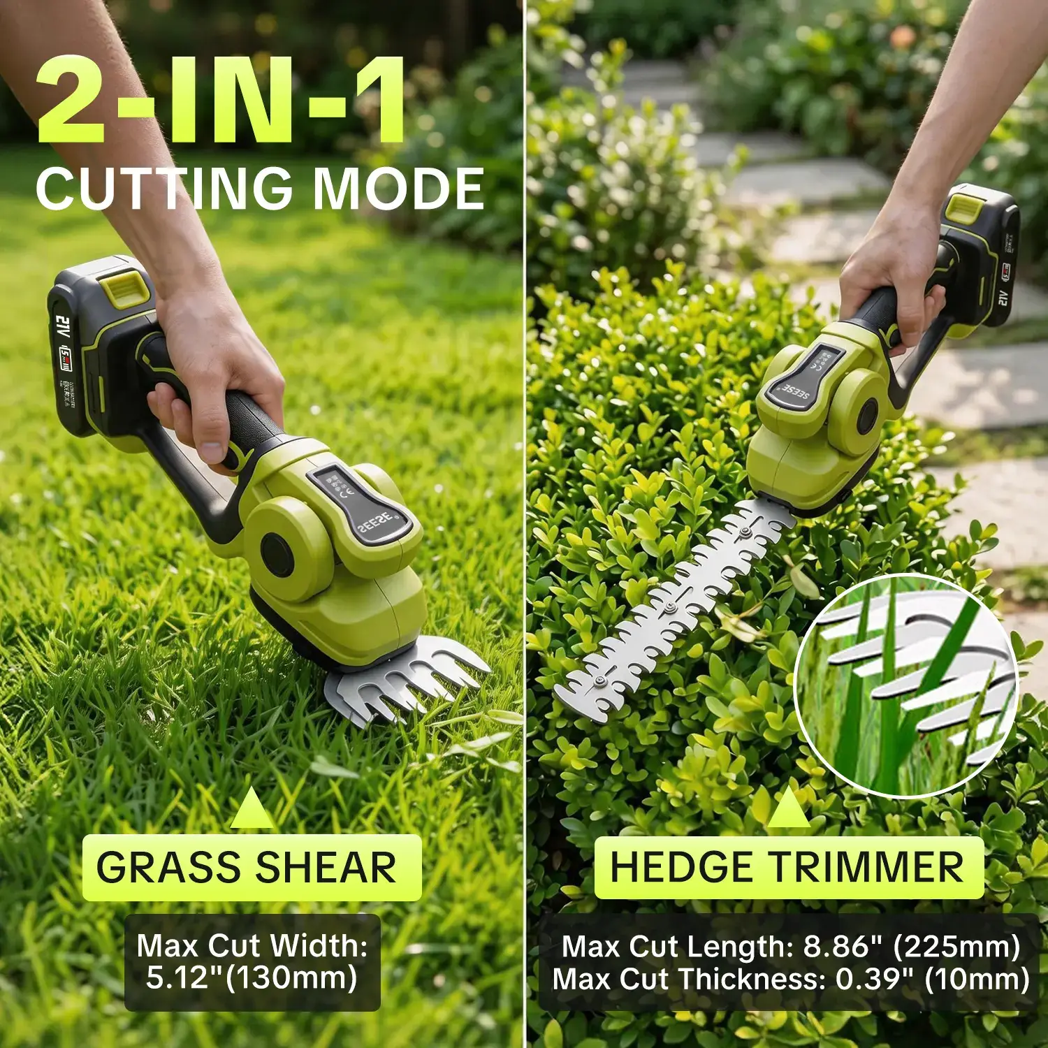 Cordless 2-in-1 Grass Shear & Shrub Trimmer, Handheld Electric Hedge Trimmer, 2*21V Batteries,Lightweight for Lawn Hedge Garden Yard Maintenance