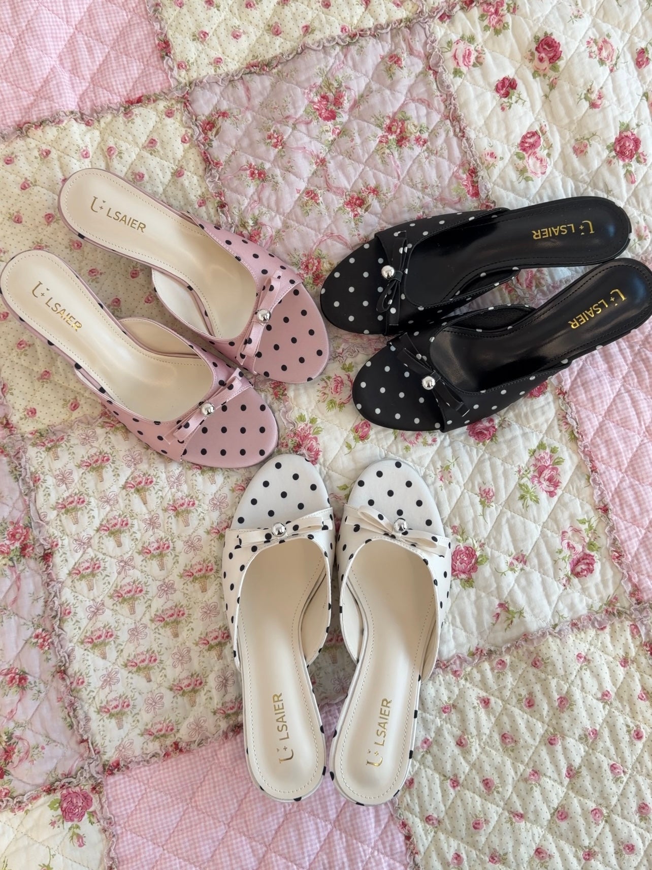 Girly Bow Polk Dot Kitten Heel Sandals Slip On Slides Mule Sandal Open Toe Dress Shoes