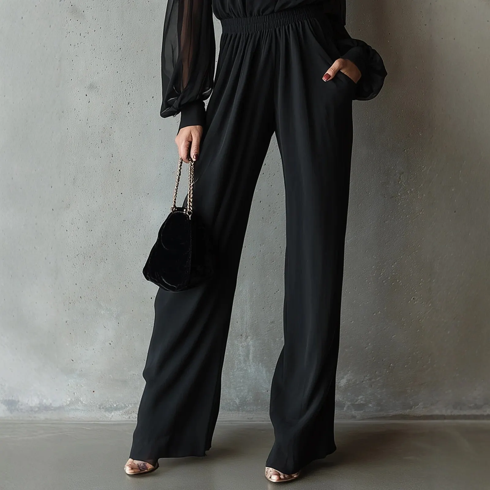 Black Embroidered Women'S Long-Sleeved Jumpsuit