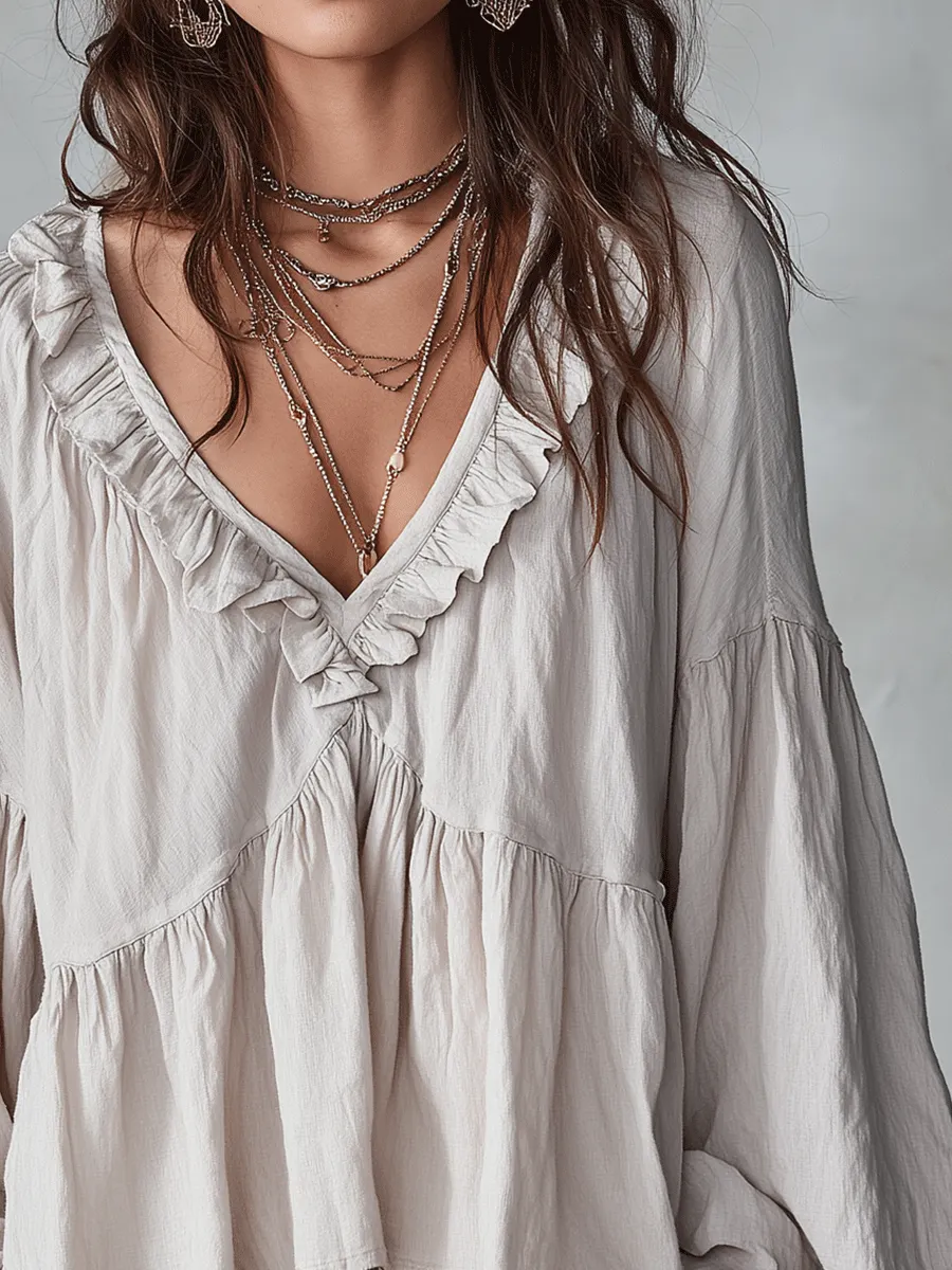 Ruffle Trim V-Neck Peasant Blouse