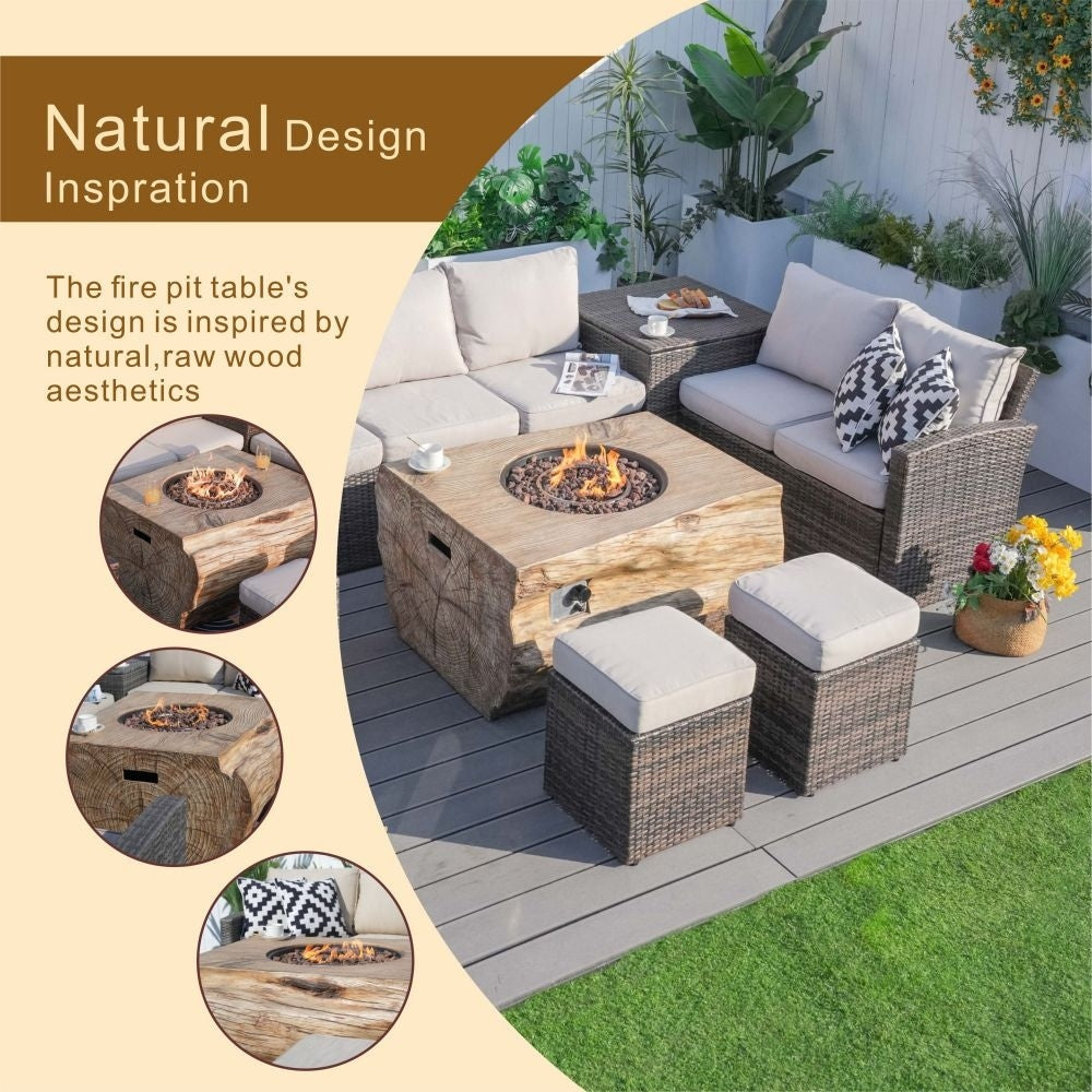 7-piece Patio Wicker Garden Chat Sofa Set with Fire Pit Table and Storage Box