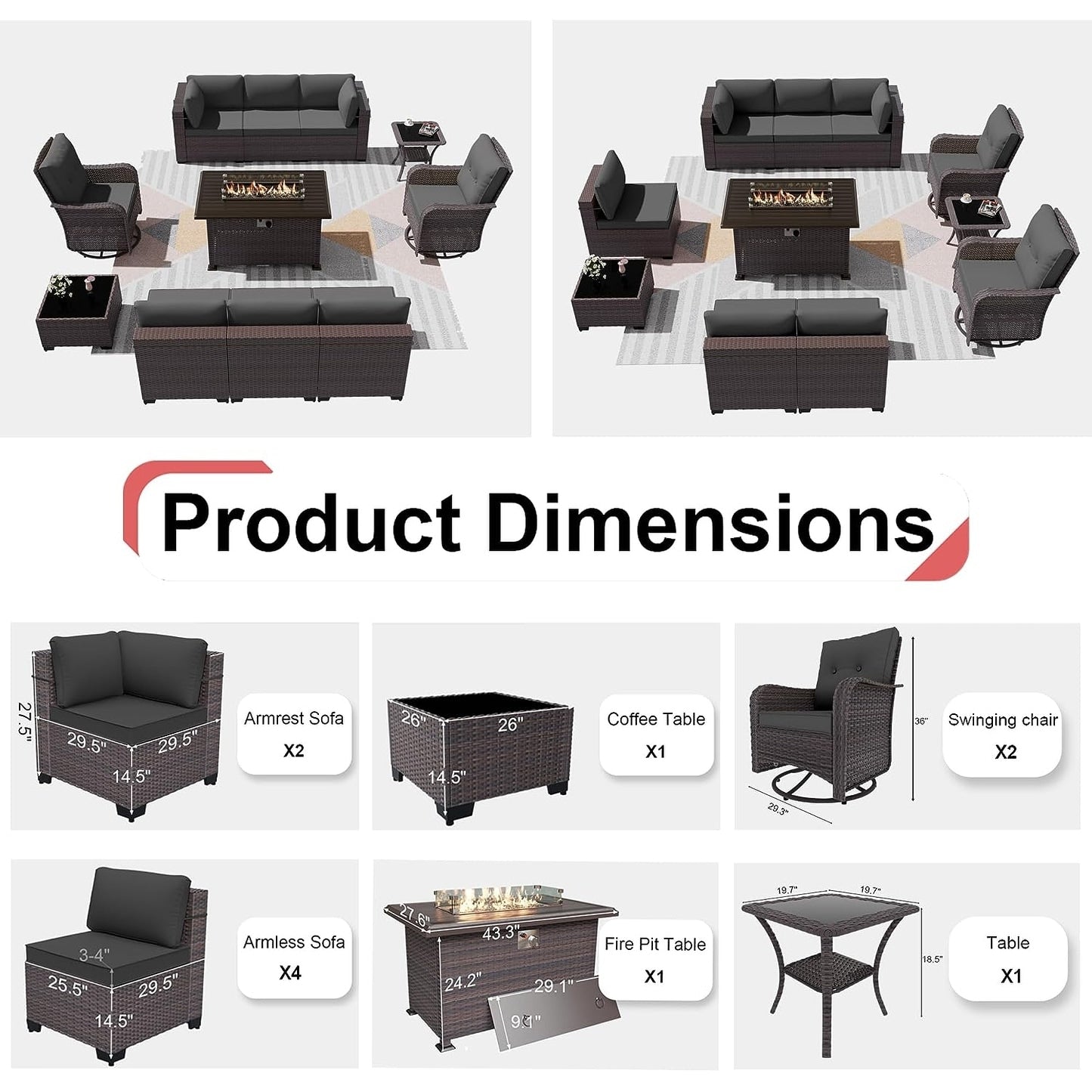 Patio Furniture Sectional Sofa Set, PE Rattan Swivel Rocking Chairs Patio Conversation Set